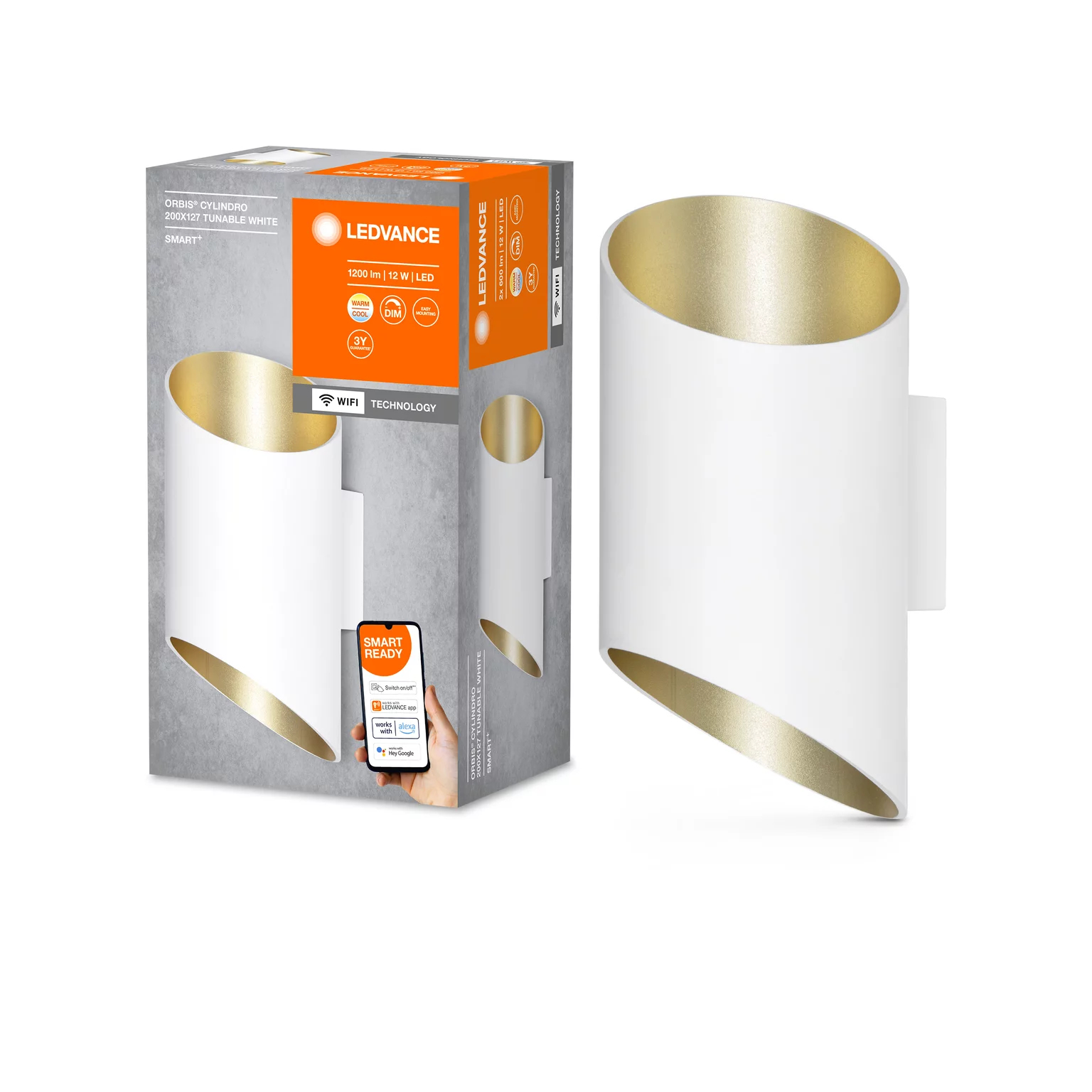 Weiß-goldene Wandleuchte mit Box, Smart Ready und Produktinformationen.