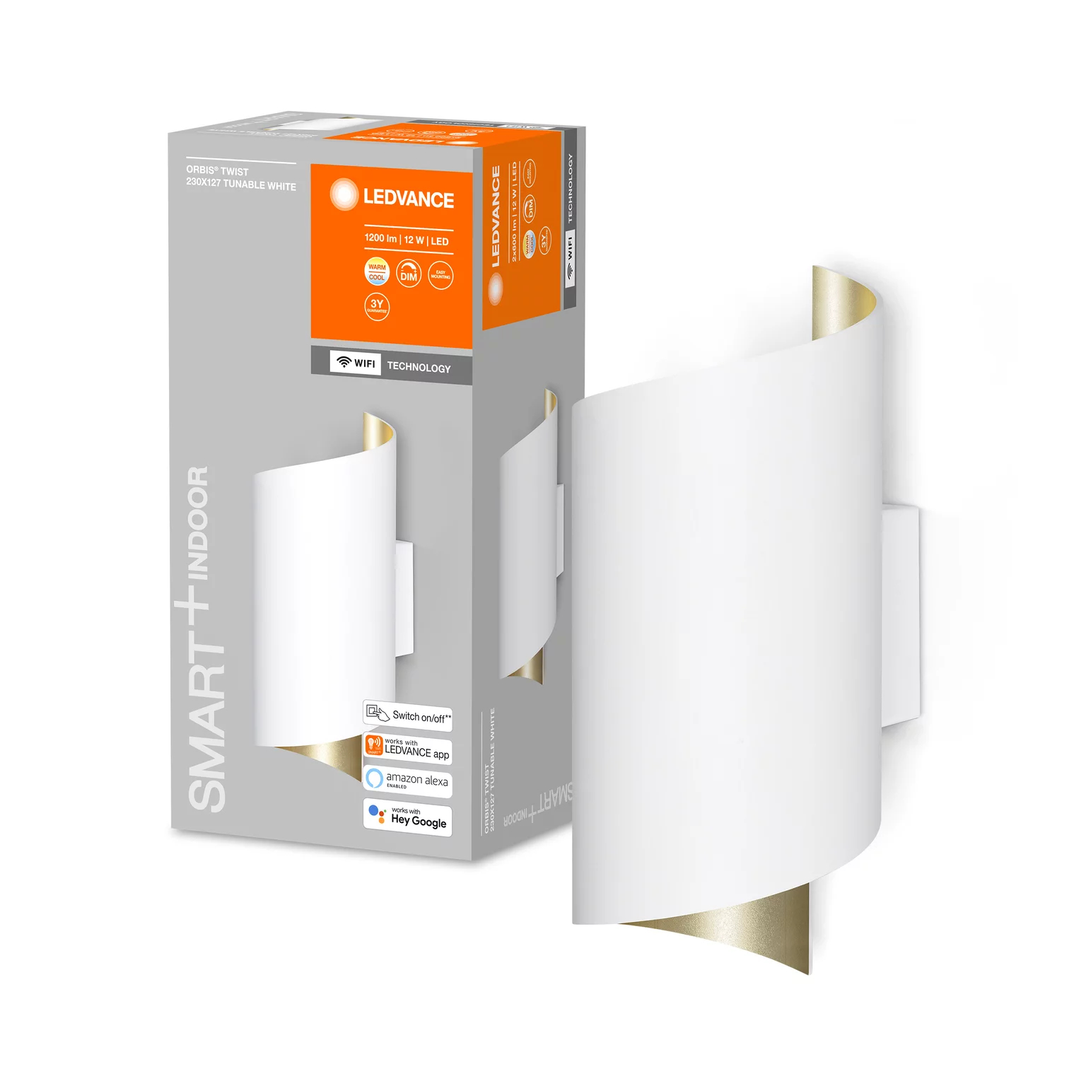Eine weiße LEDVANCE Smart Indoor Wandleuchte mit einer Box im Hintergrund.