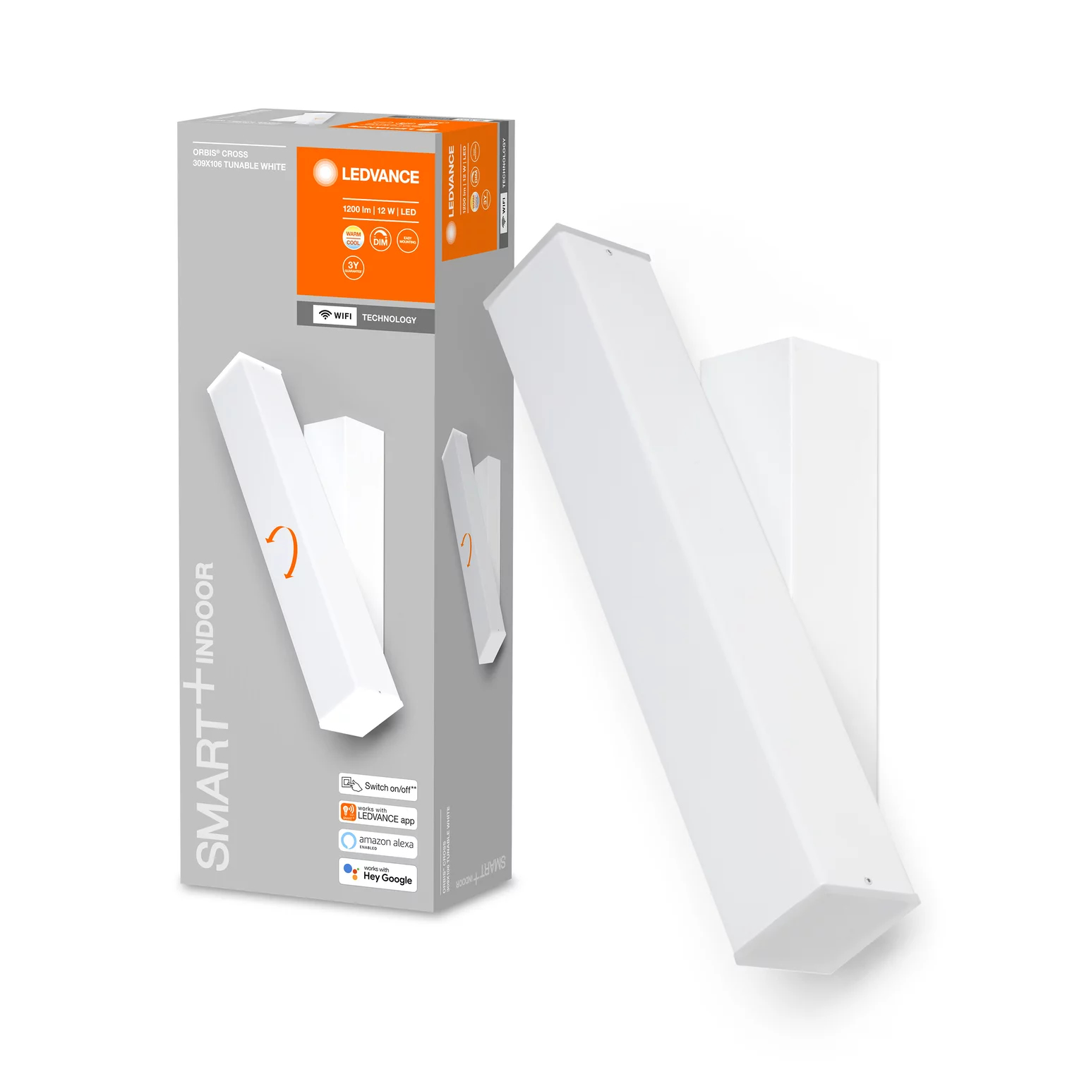 Zwei weiße, an der Wand montierte LED-Leuchten mit Produktbox, auf weißem Hintergrund.