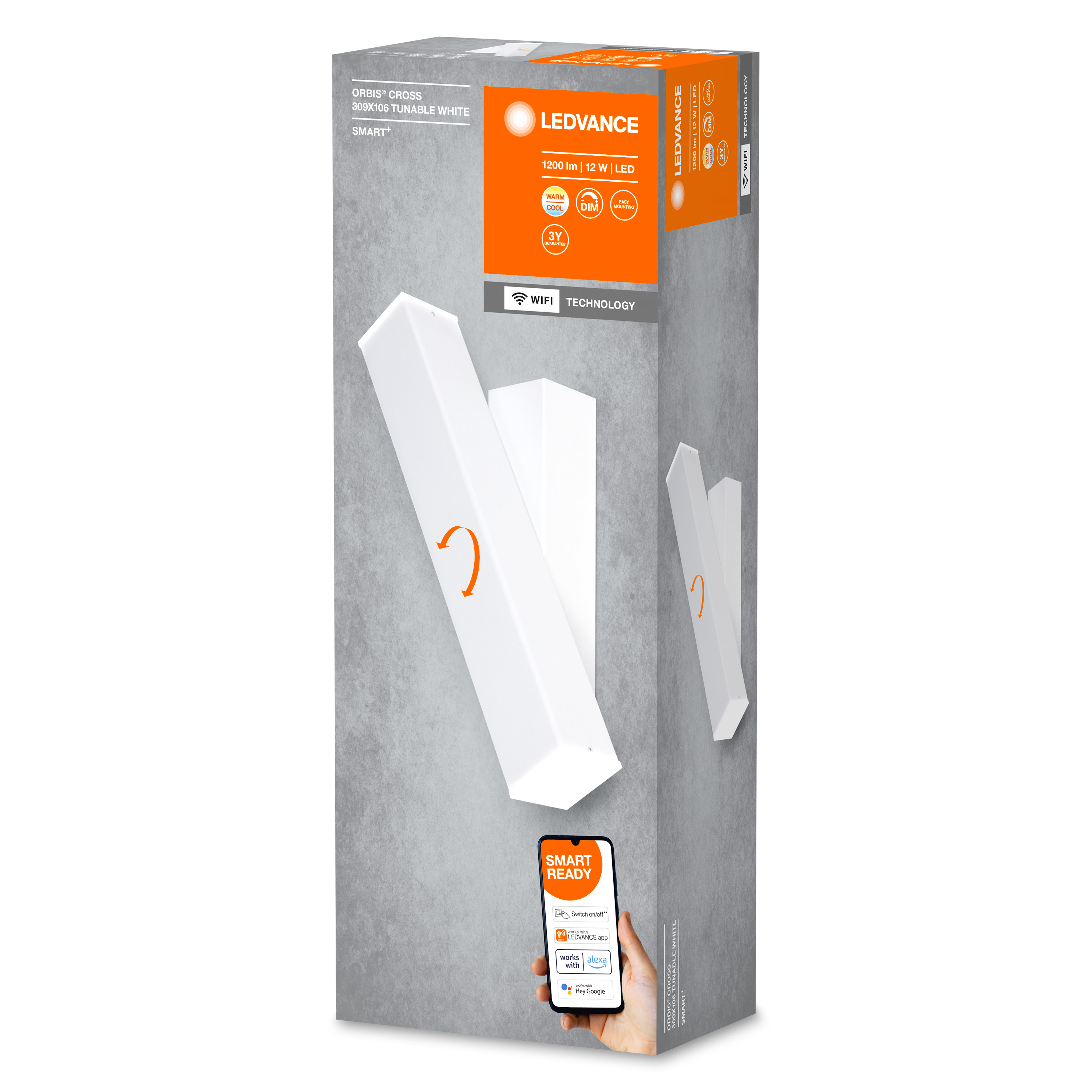 Weißes LEDVANCE Smart-Licht mit einer Box, die Abmessungen und ein Telefon anzeigt.