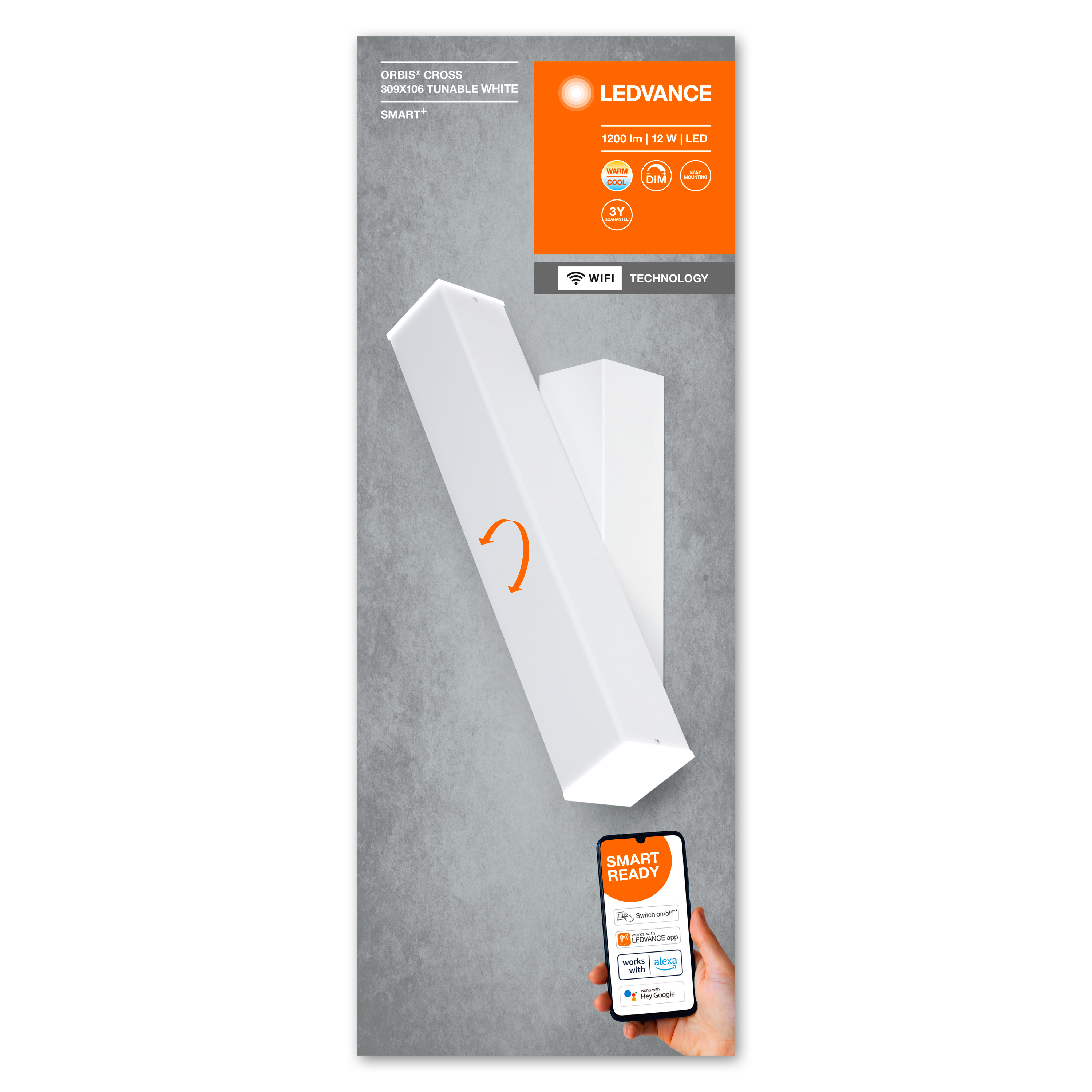 Weiße LEDVANCE Smart-Leuchte, mit zwei weißen Lichtleisten, auf grauem Hintergrund.