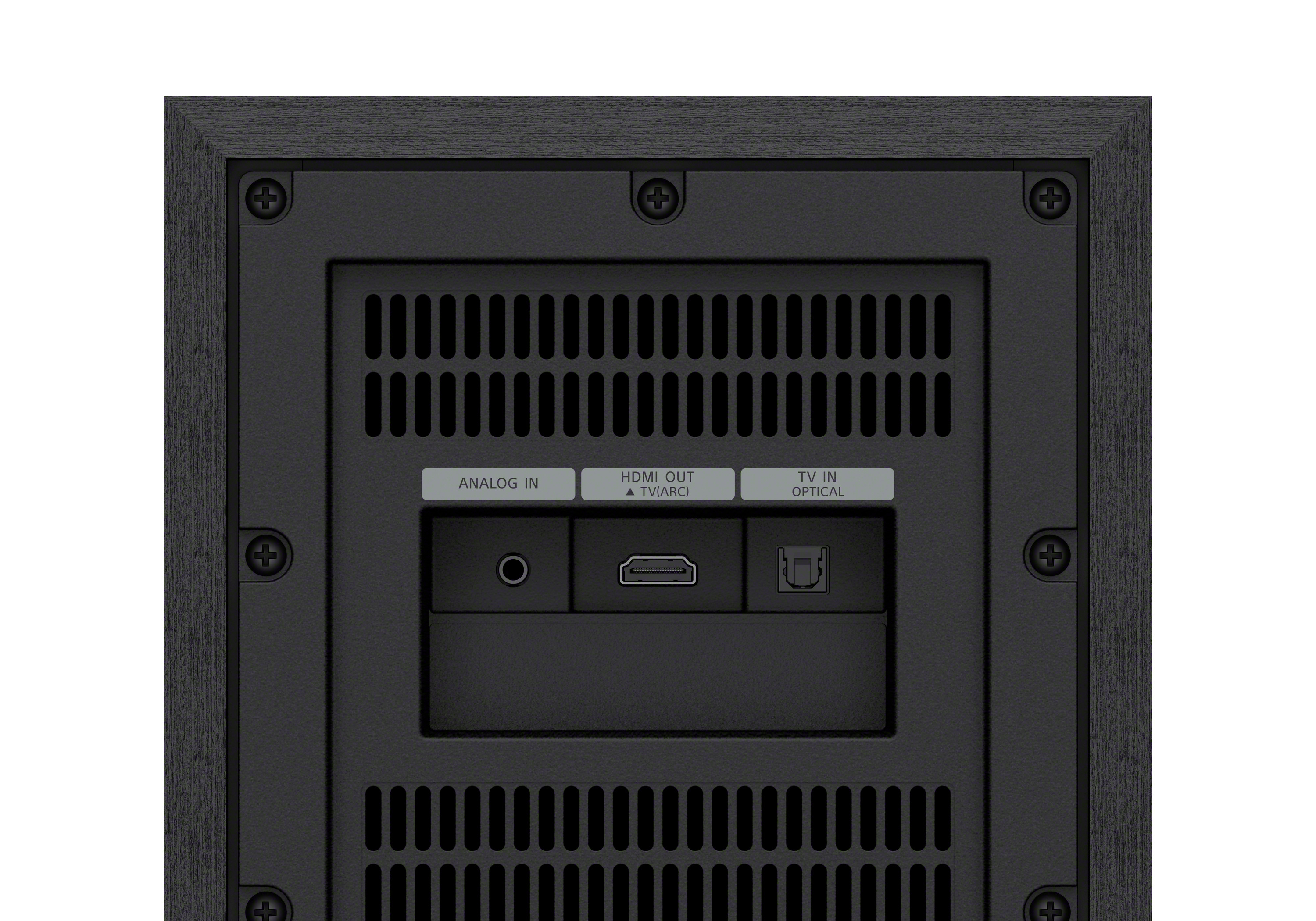 Rückseite einer schwarzen Soundbar mit HDMI-, analogen und optischen Eingängen.