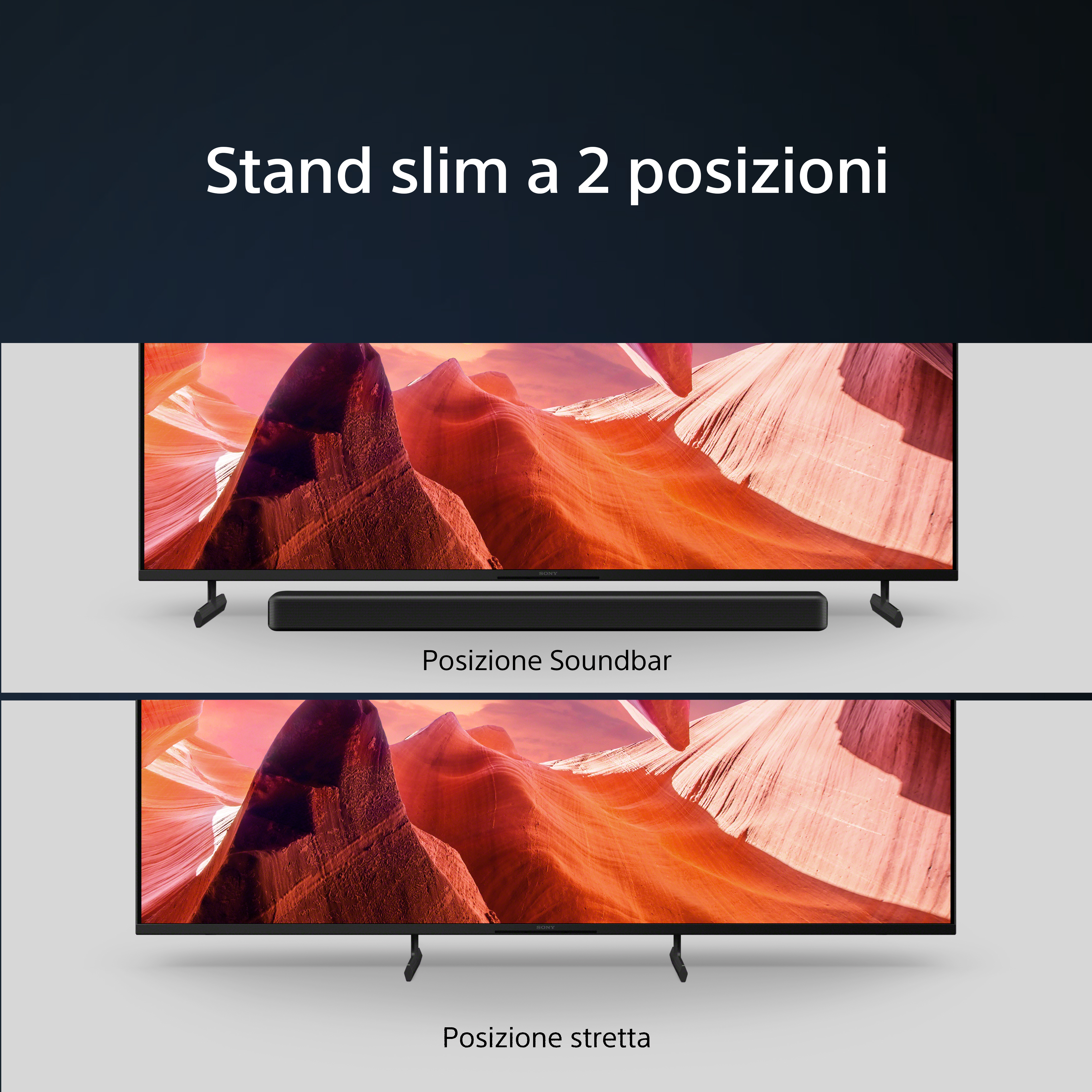 Zwei Fernseher zeigen Canyonszenen, einer mit Soundbar, der andere mit schlankem Standfuß.