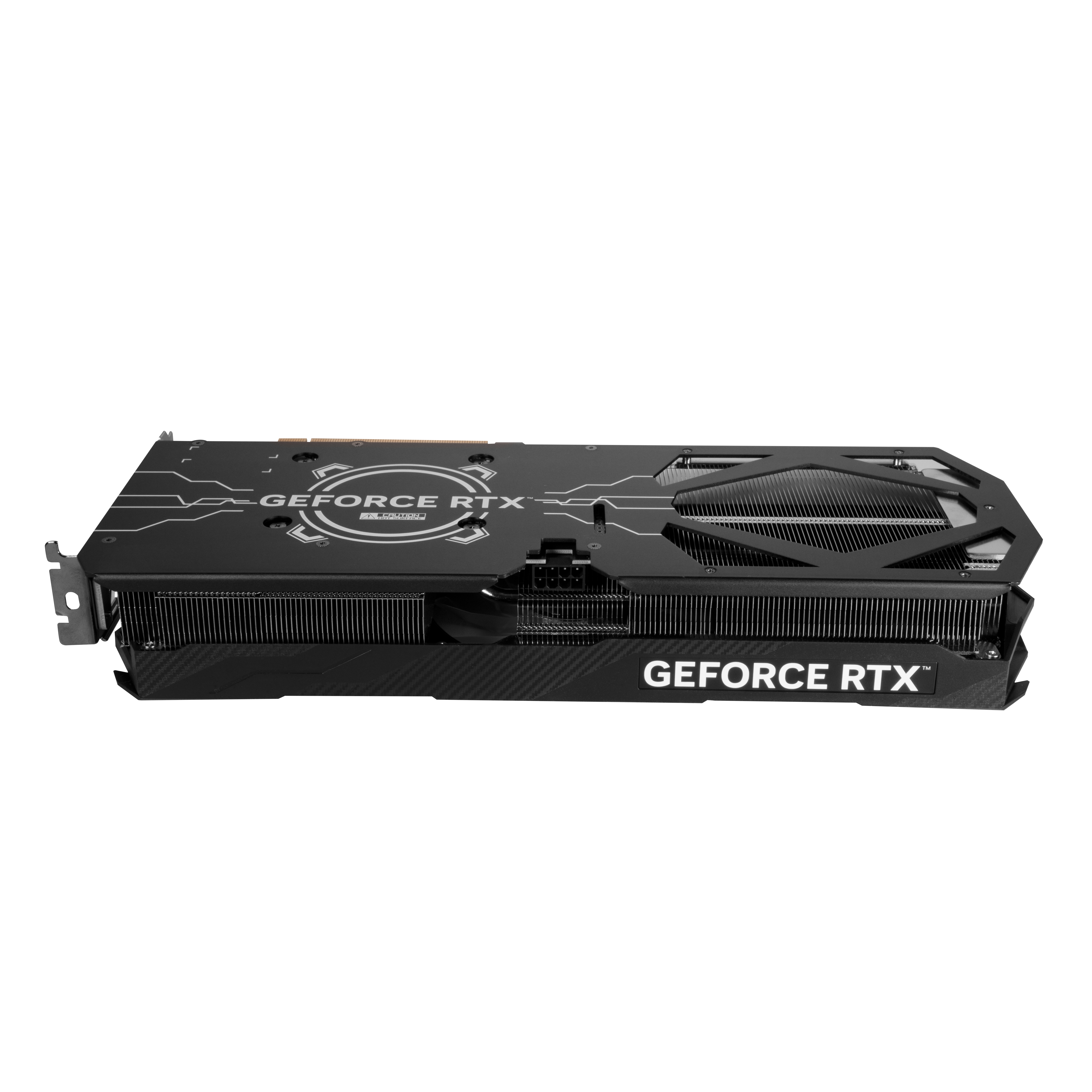 Eine schwarze Grafikkarte mit der Aufschrift "GEFORCE RTX" vor weißem Hintergrund.