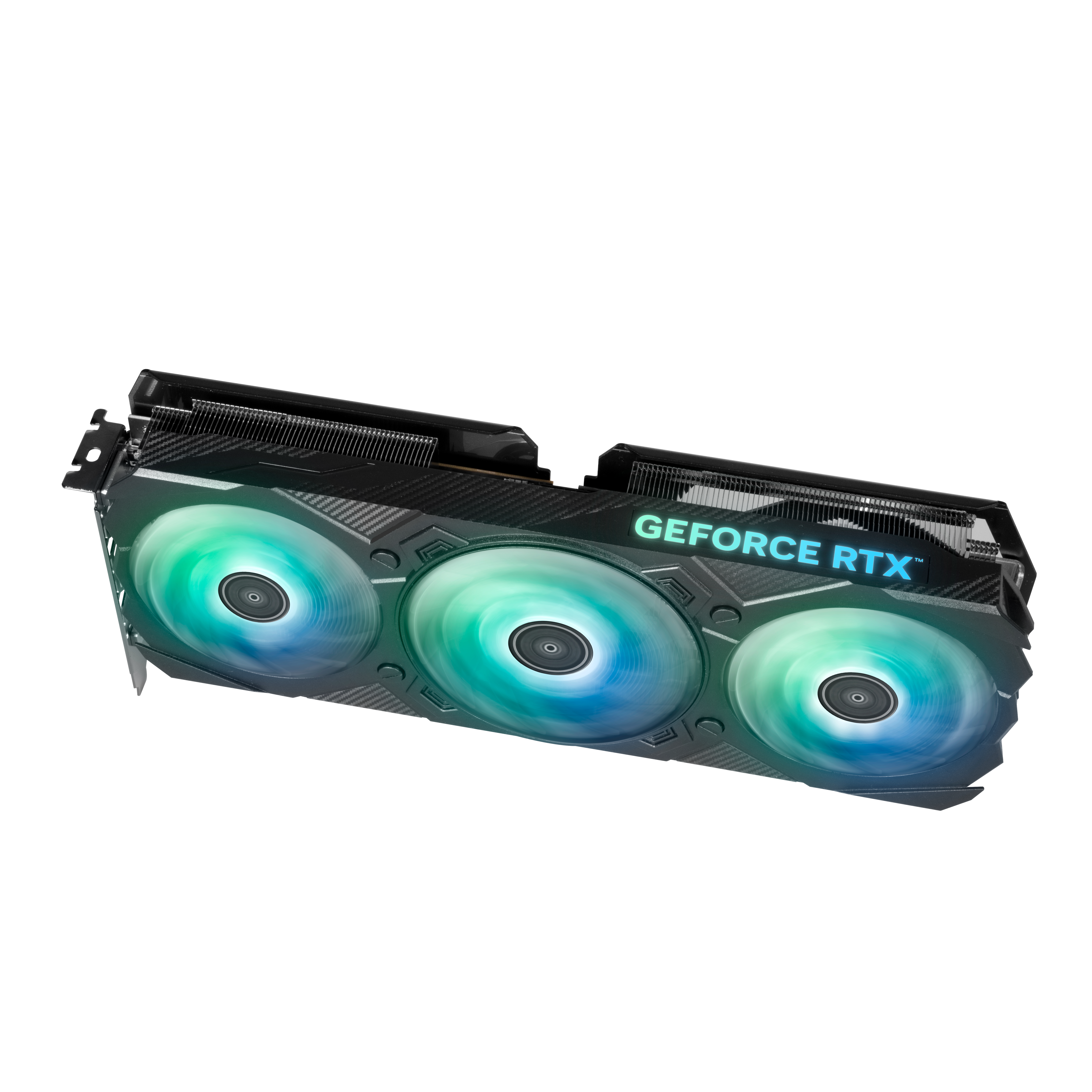 Grafikkarte mit drei Lüftern, blau und grün beleuchtet. 'GEFORCE RTX' ist oben aufgedruckt.