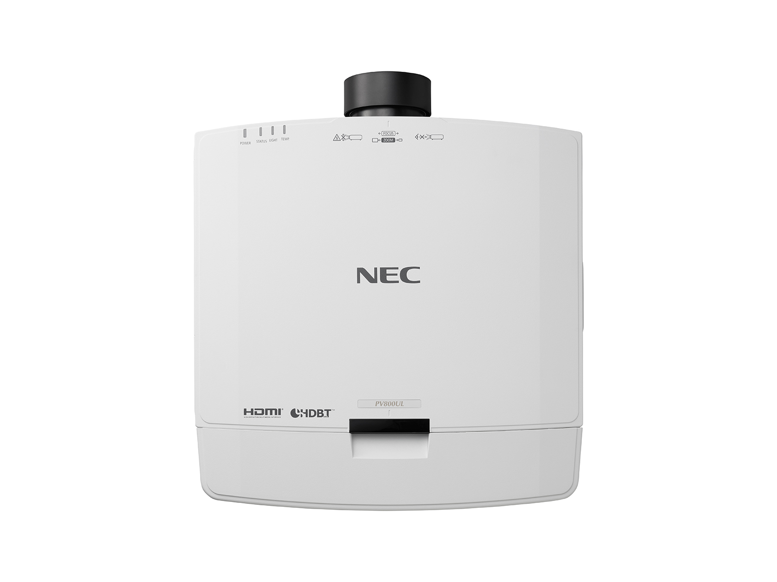 Un proiettore NEC bianco con pulsanti di controllo sulla parte superiore.