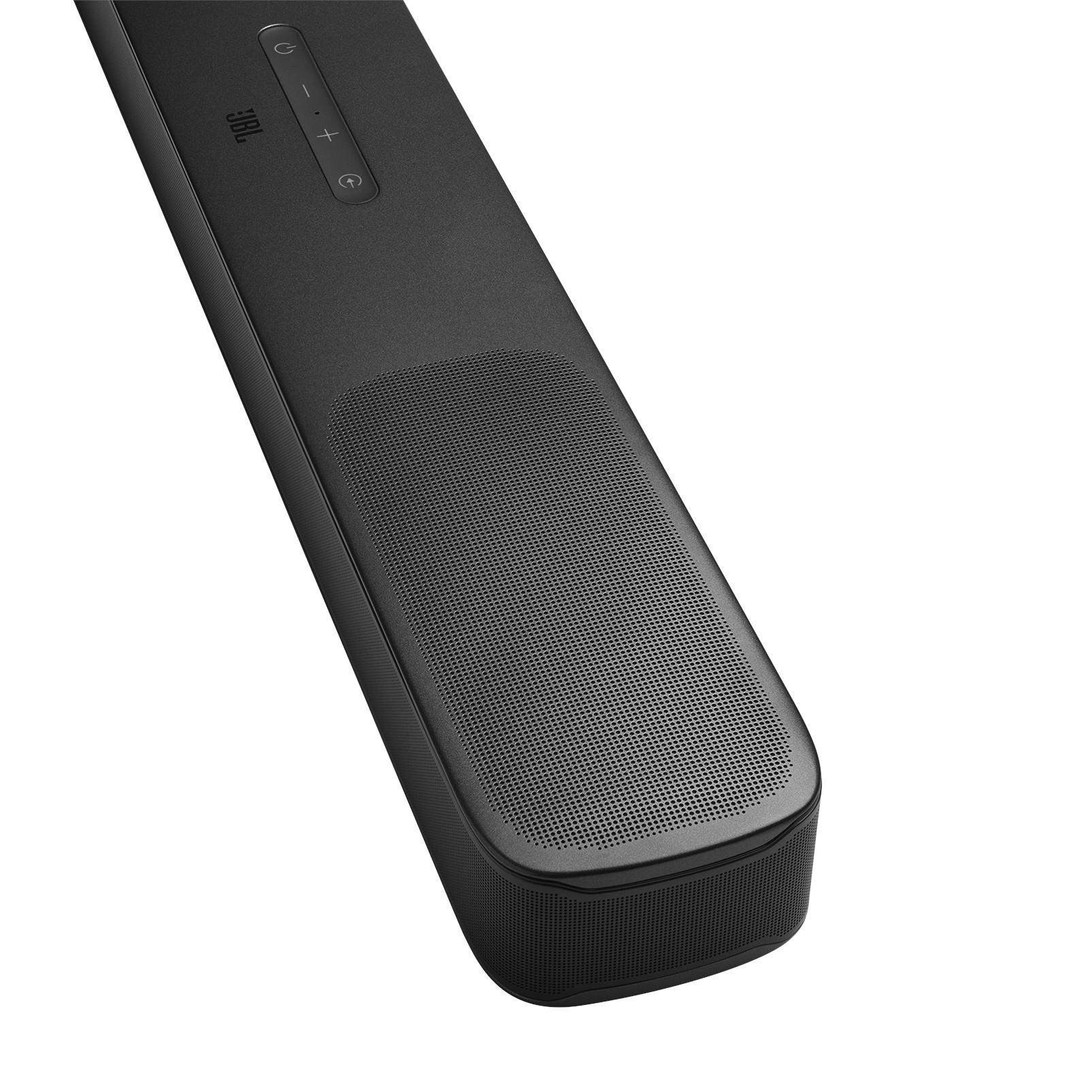 Eine schwarze Soundbar mit dem JBL-Logo, mit Knöpfen und einem Lautsprechergrill.