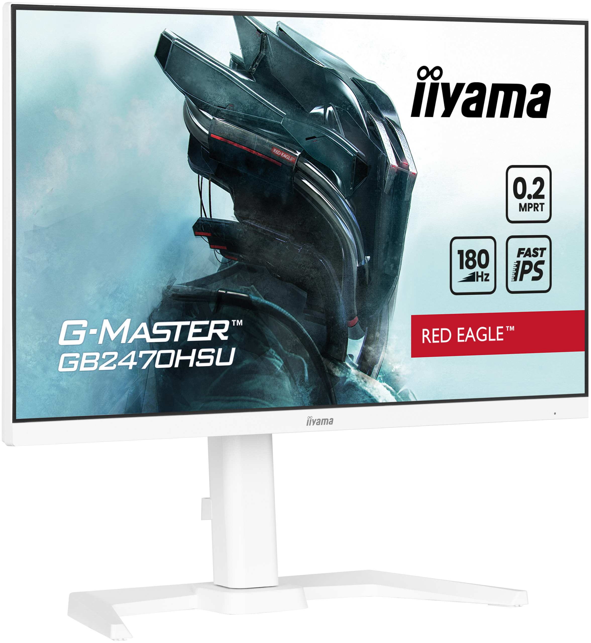 Monitor de computadora blanco con soporte. Tiene un gráfico en la pantalla y la marca iiyama.