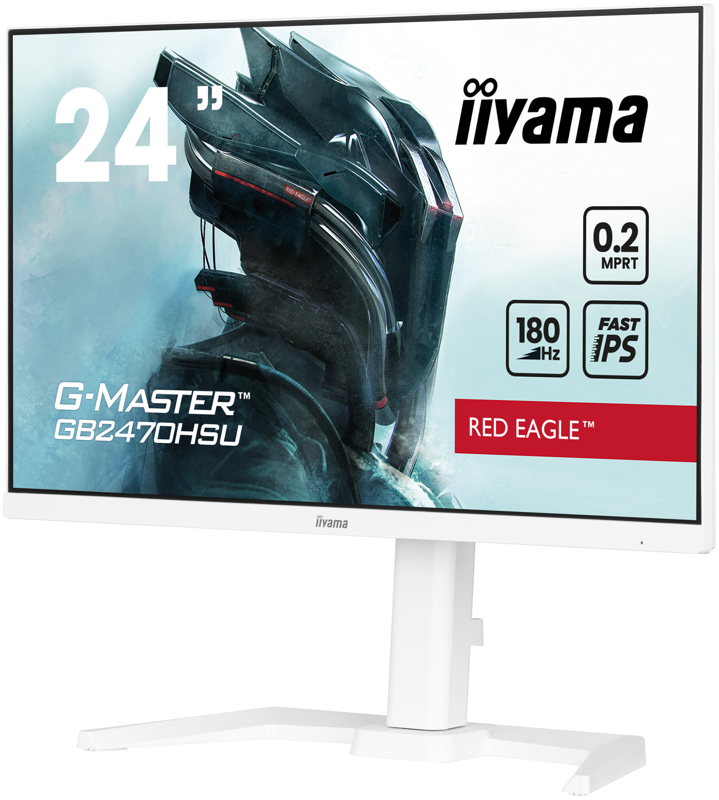 Un monitor de computadora blanco con una imagen futurista en la pantalla, soporte blanco.