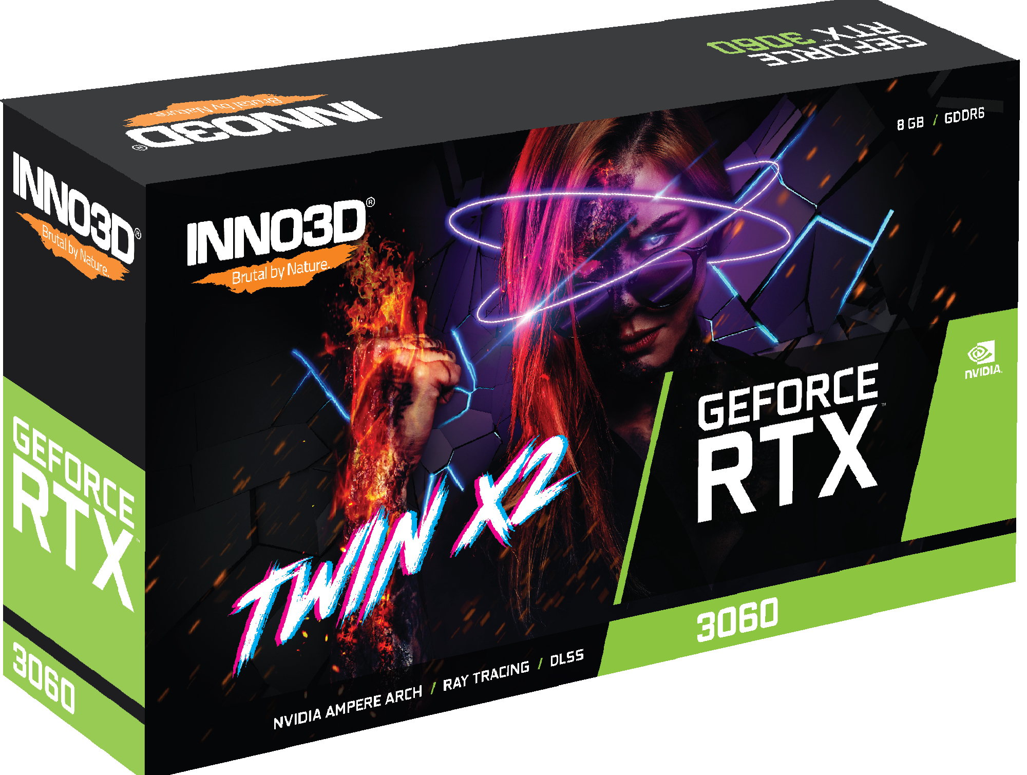 Grafikkartenbox mit INNO3D, GeForce RTX 3060 und einem Frauengesicht.