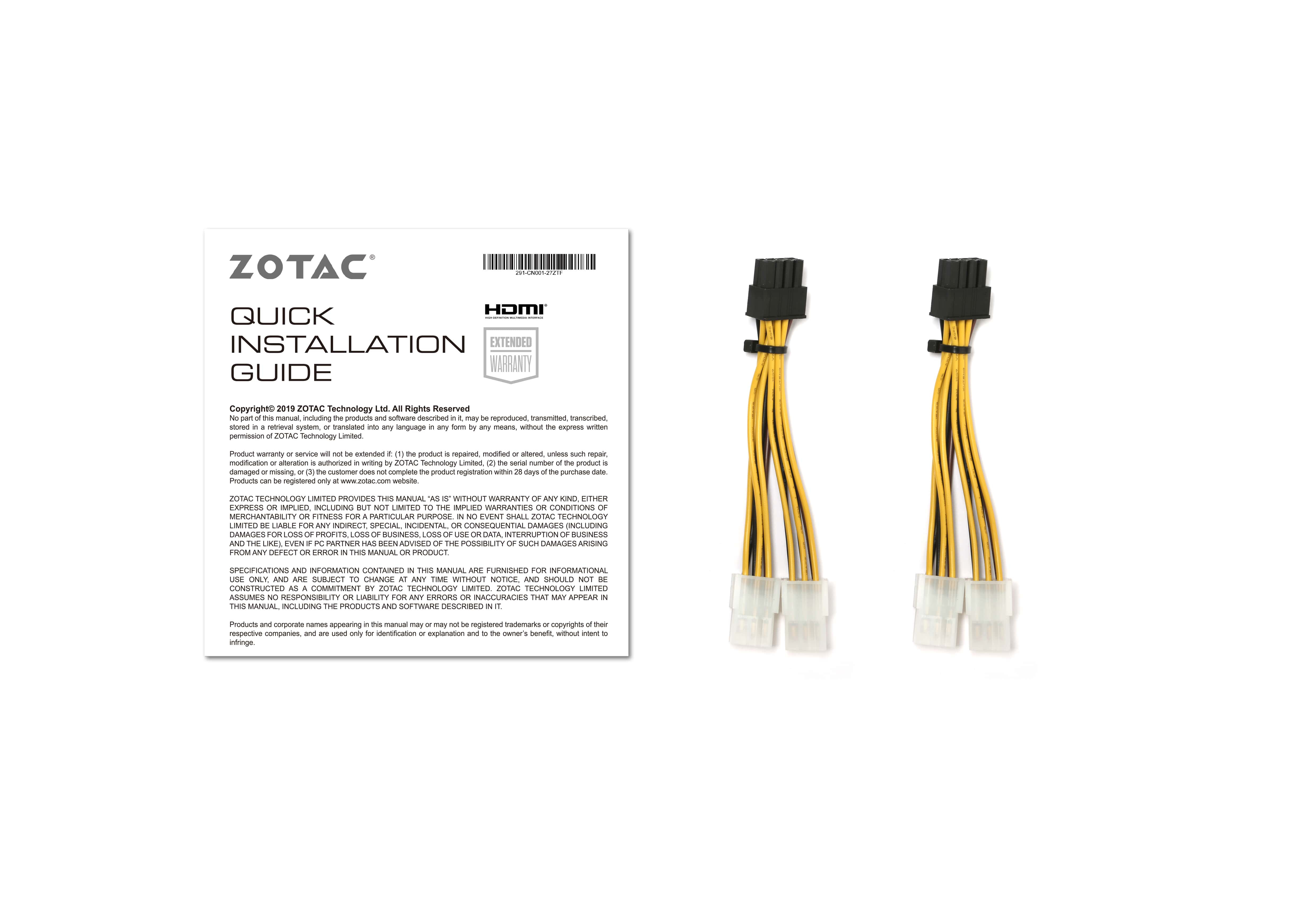Quick Installation Guide and two yellow and white adapter cables on white background.