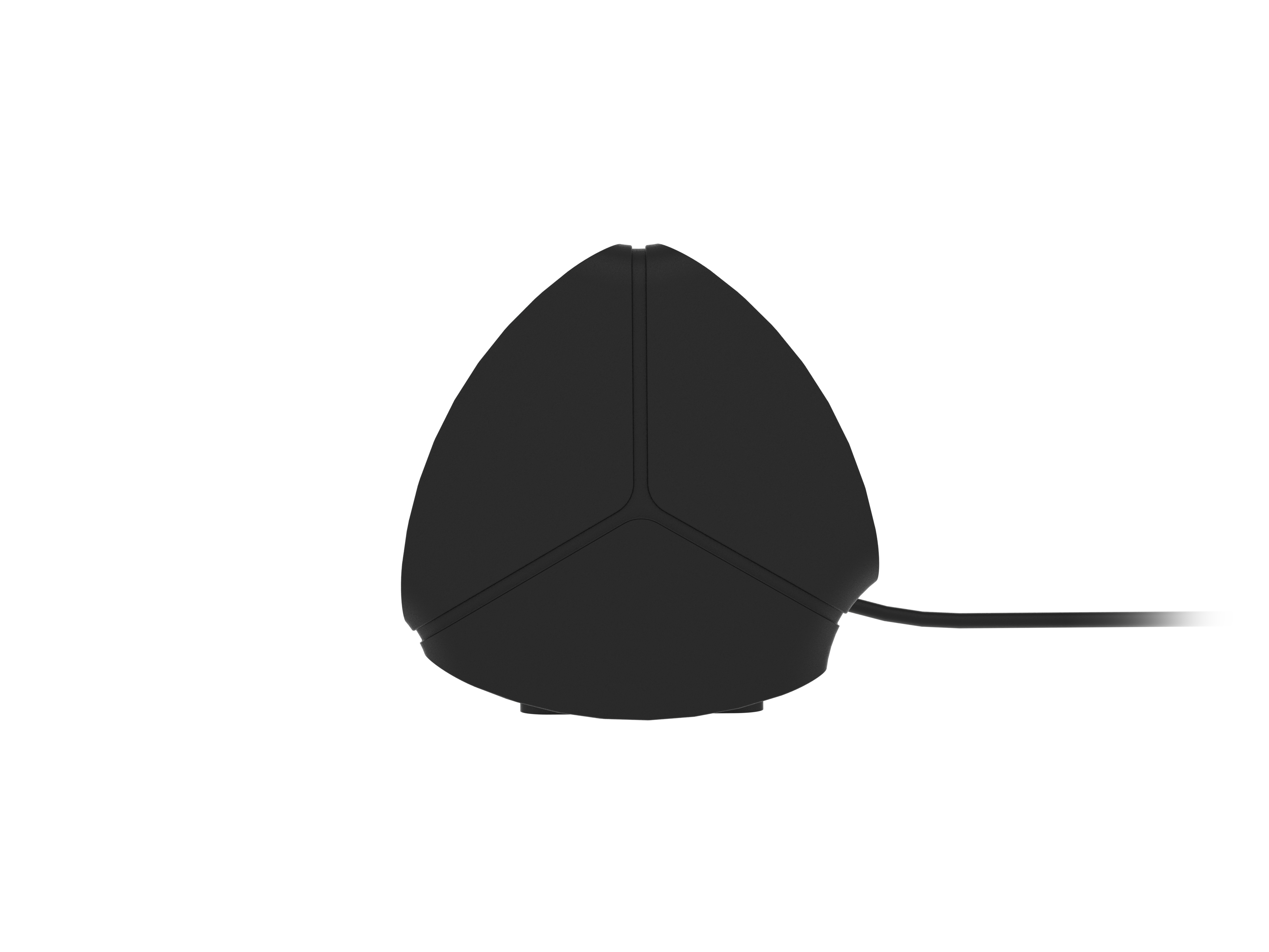 Czarny trójkątny głośnik z kablem na białym tle.