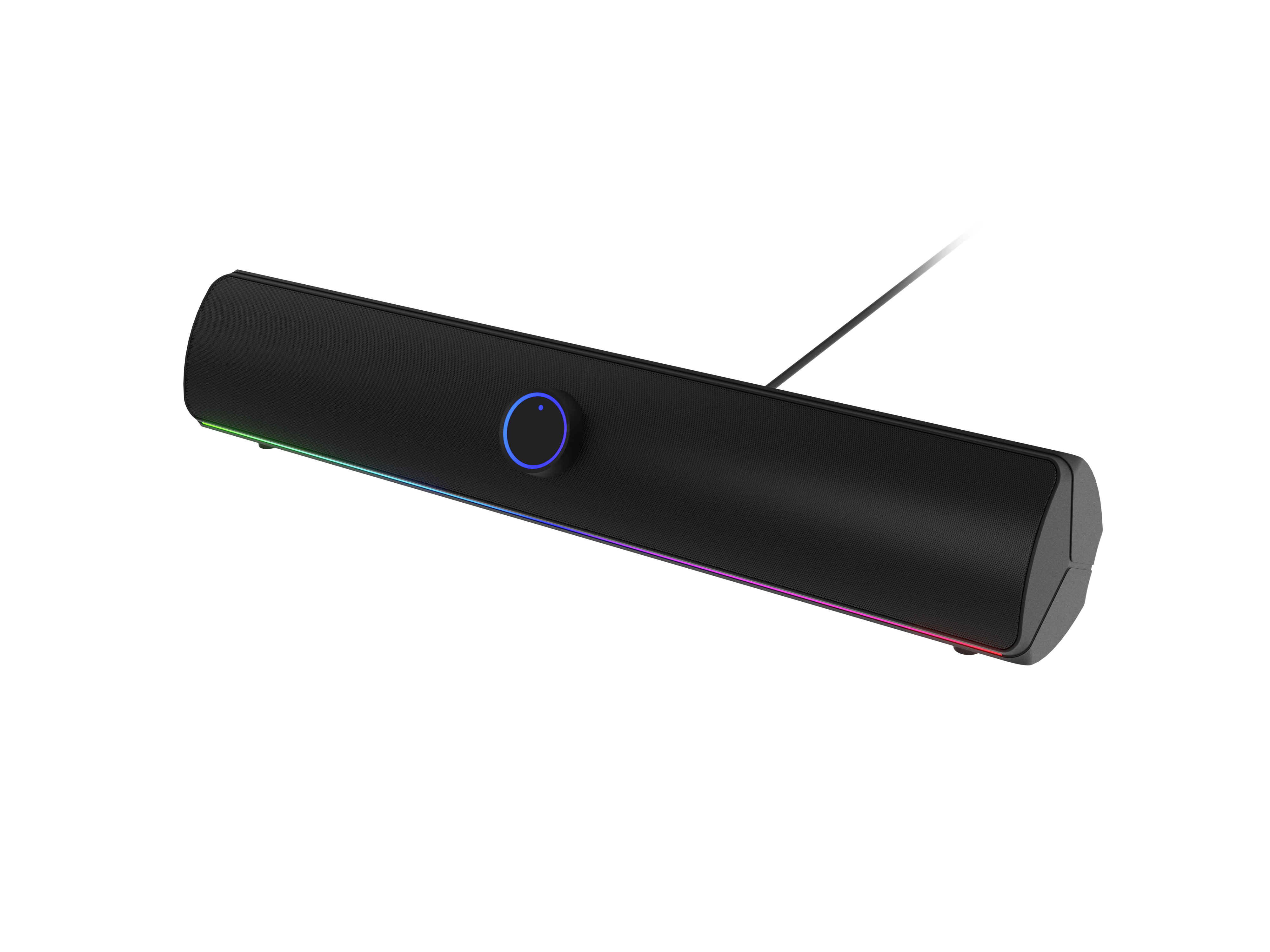 Czarny soundbar z pokrętłem głośności i światłami RGB. Ma czarny kabel.