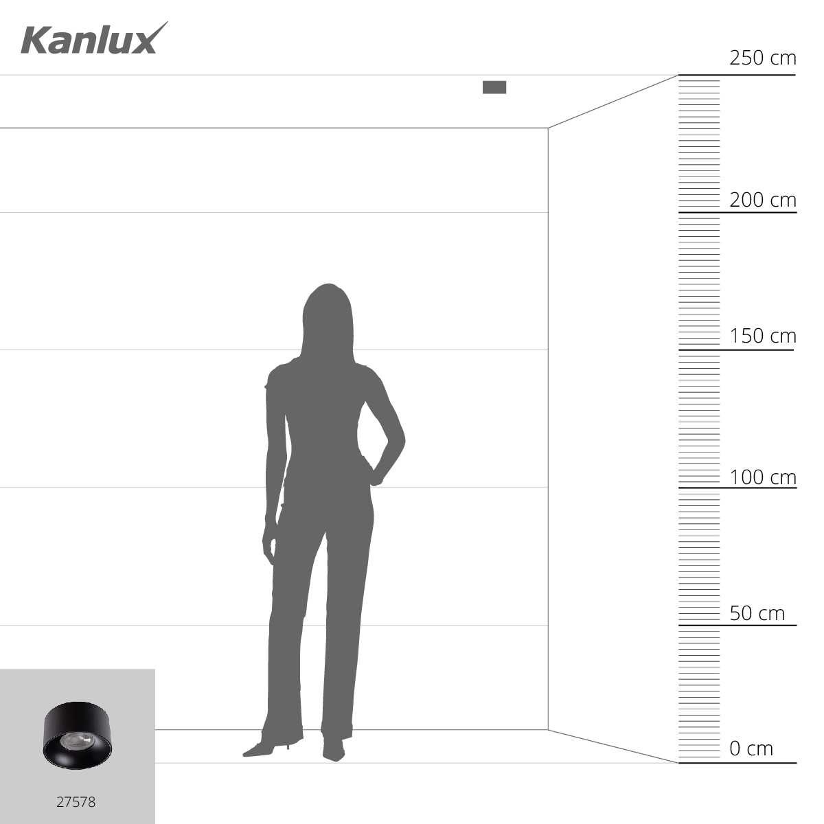 Silhouette di una donna accanto a un apparecchio di illuminazione e un grafico delle altezze. Testo: Kanlux.