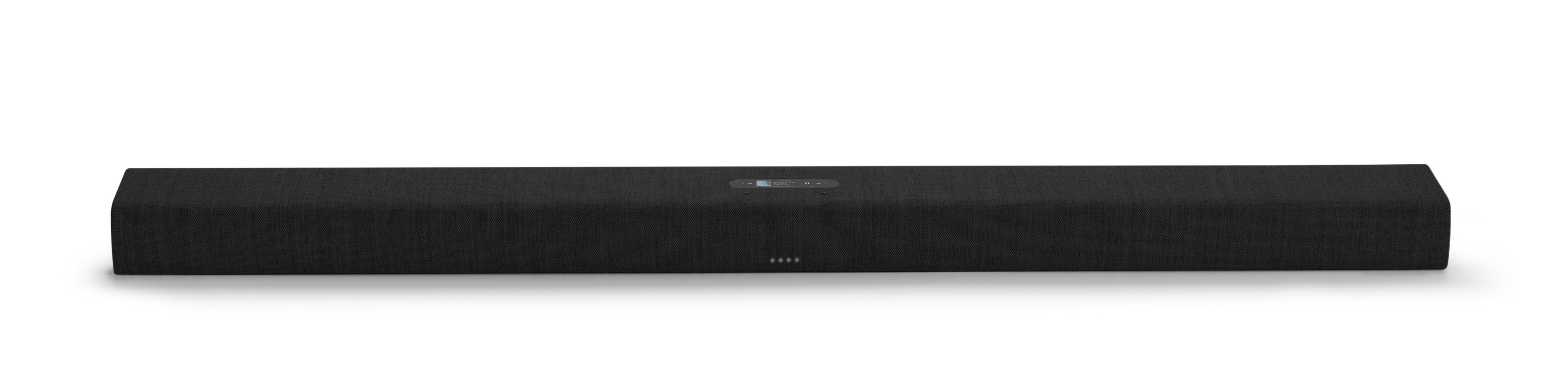 Soundbar nera con parte anteriore in mesh. È lunga e sottile, con un piccolo display.
