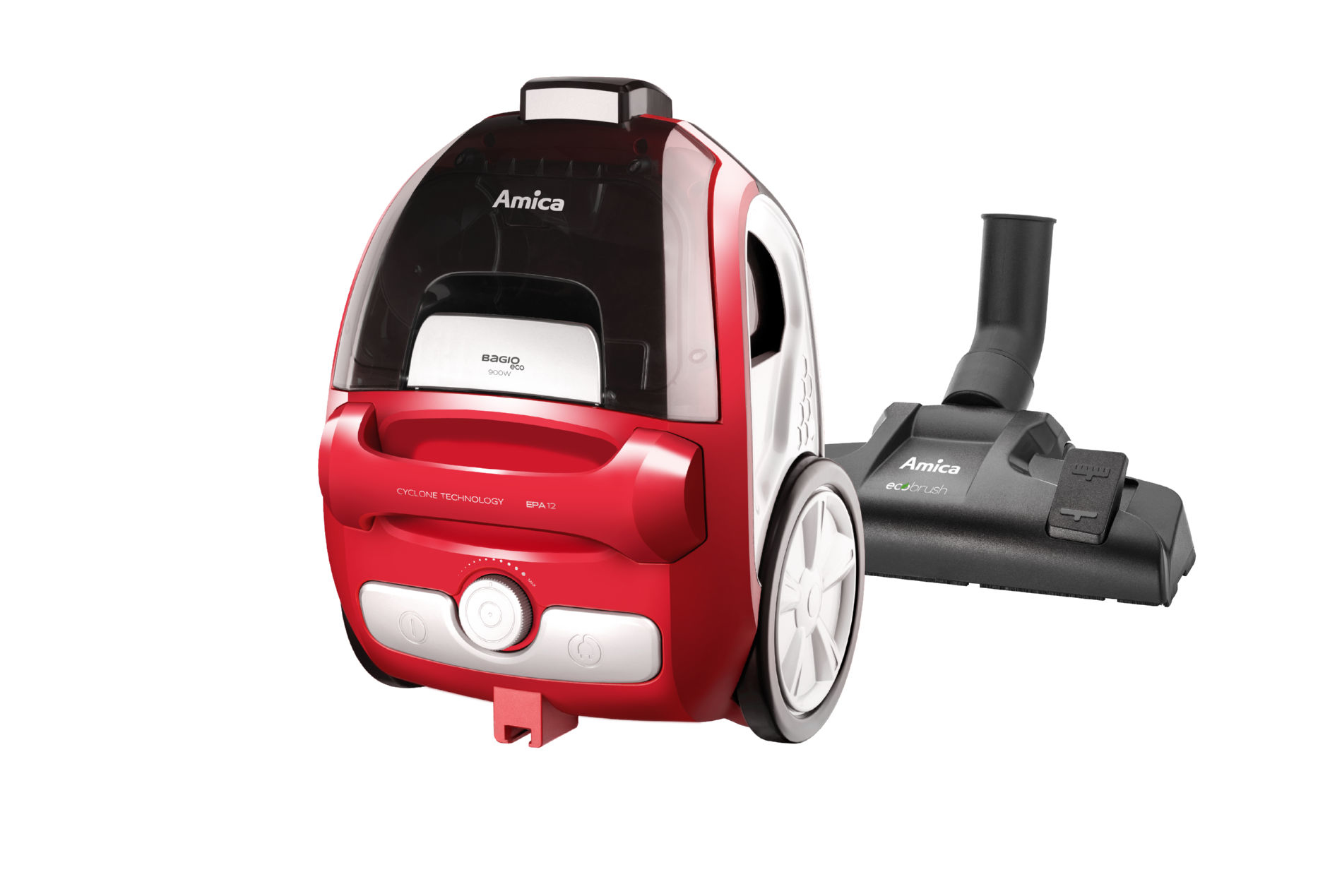 Czerwono-czarny odkurzacz z dyszą na białym tle.