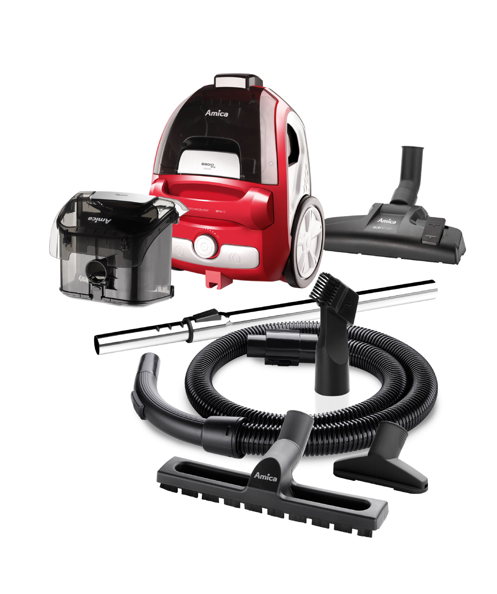 Odkurzacz z akcesoriami na białym tle.