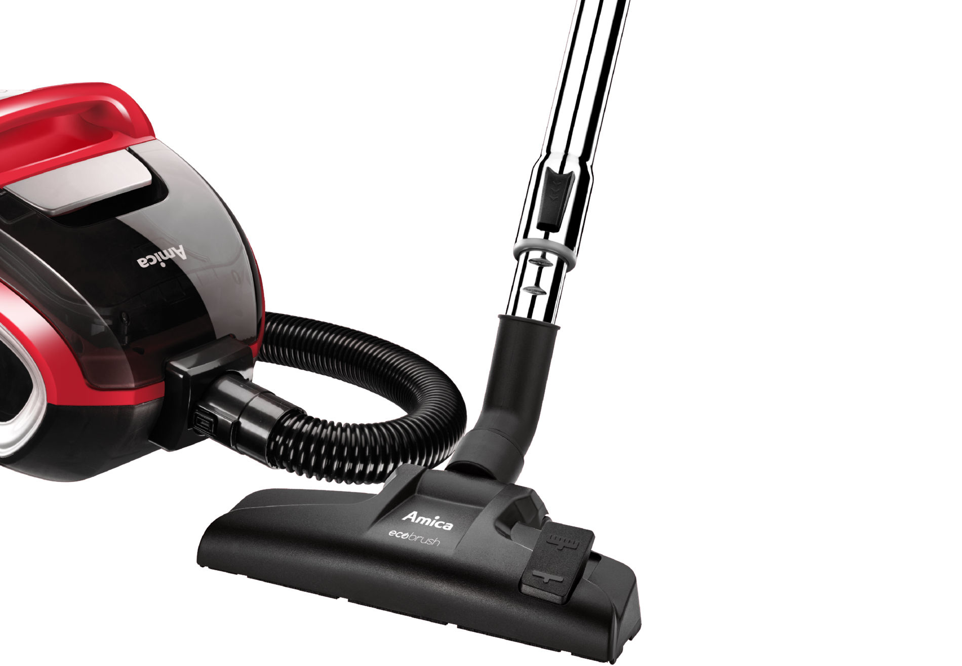 Czerwono-czarny odkurzacz z wężem i szczotką. Marka: Amica ecoBrush.