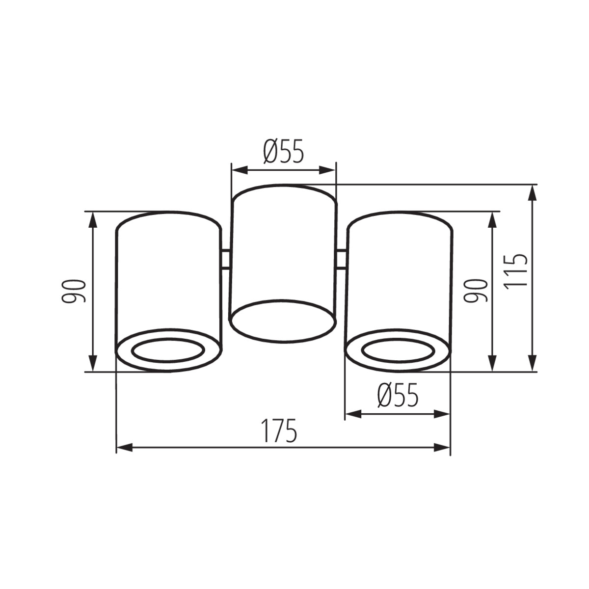 Disegno tecnico di tre luci cilindriche, che mostra le dimensioni in mm.