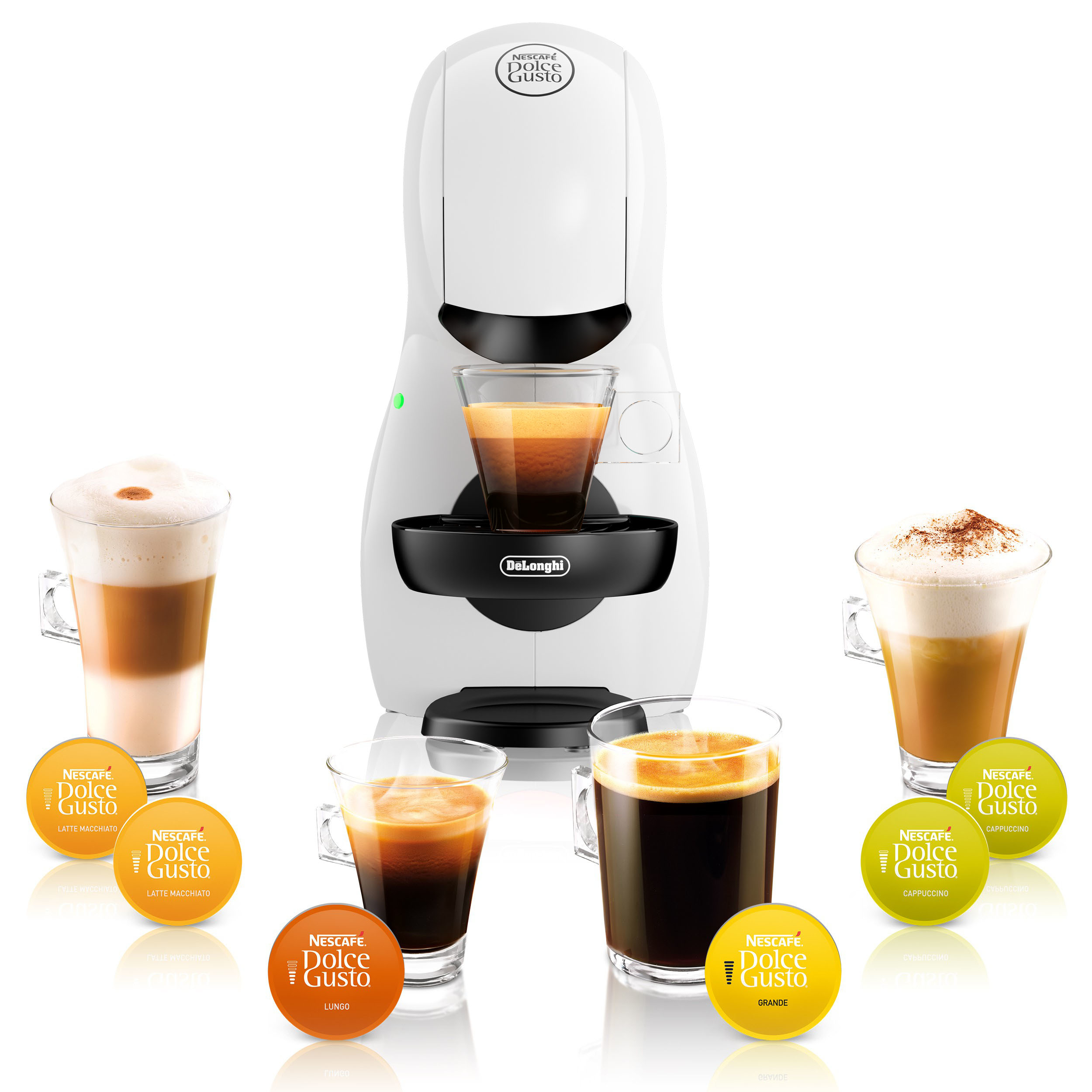 Weiße Kaffeemaschine mit Kaffeetassen und Kapseln.