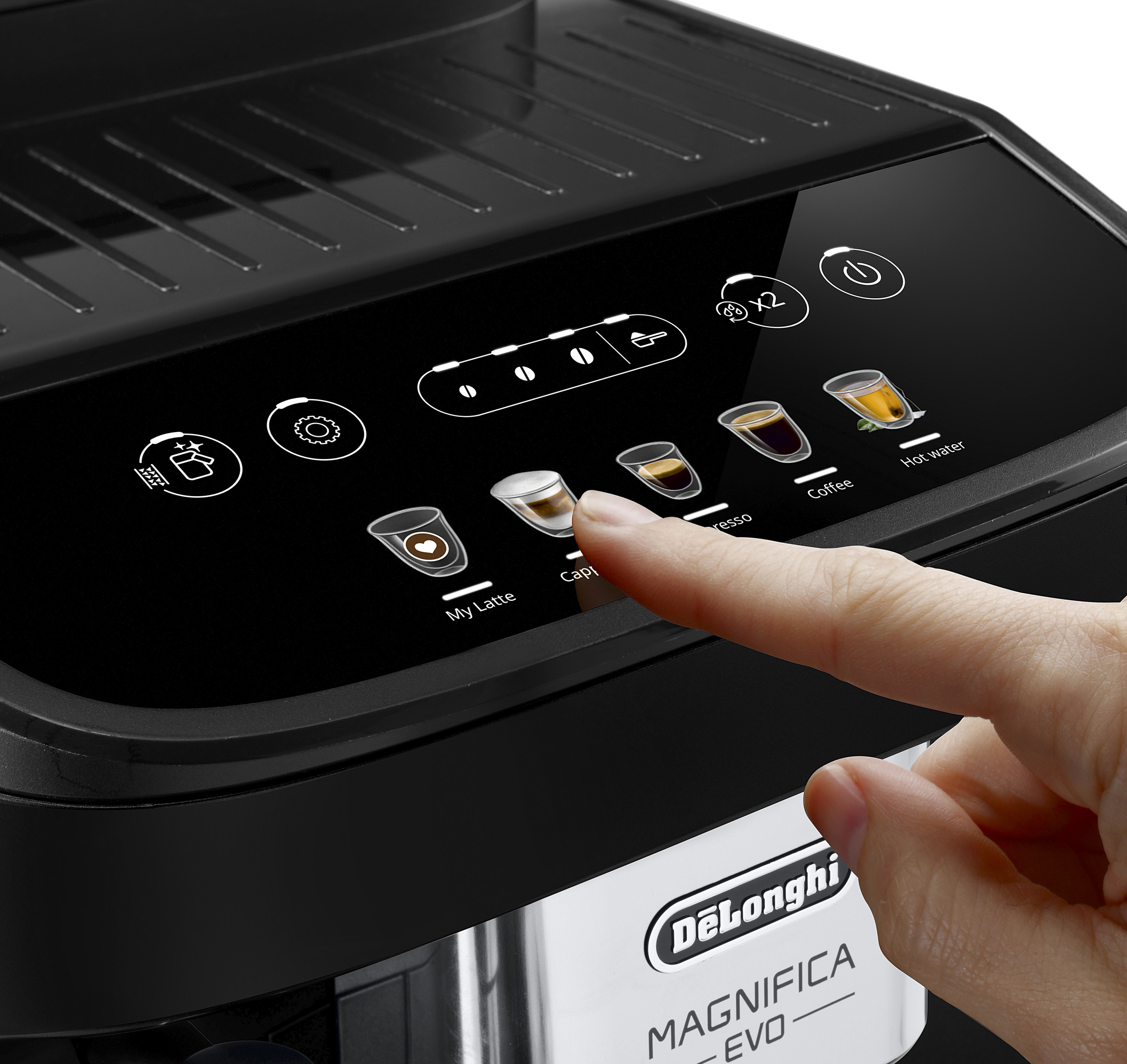 Mano che preme un pulsante su macchina da caffè nera con icone bevande.