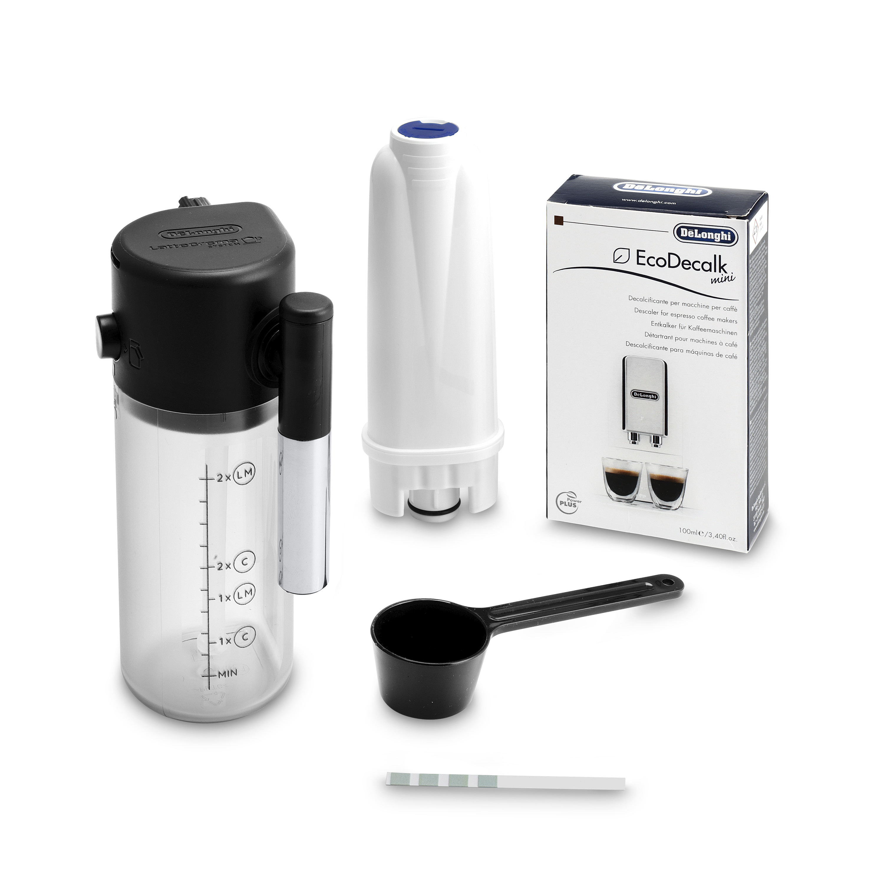 Coffee machine parts: water container, filter, descaling box, scoop, and test strip.