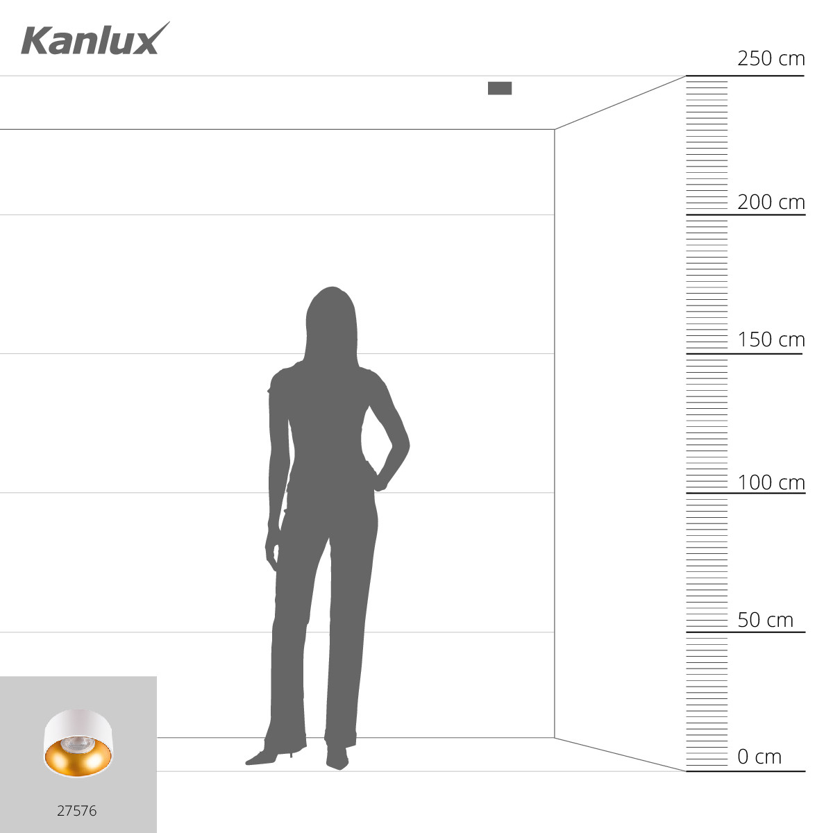 Silhouette di donna accanto a una luce Kanlux, con scala delle altezze.