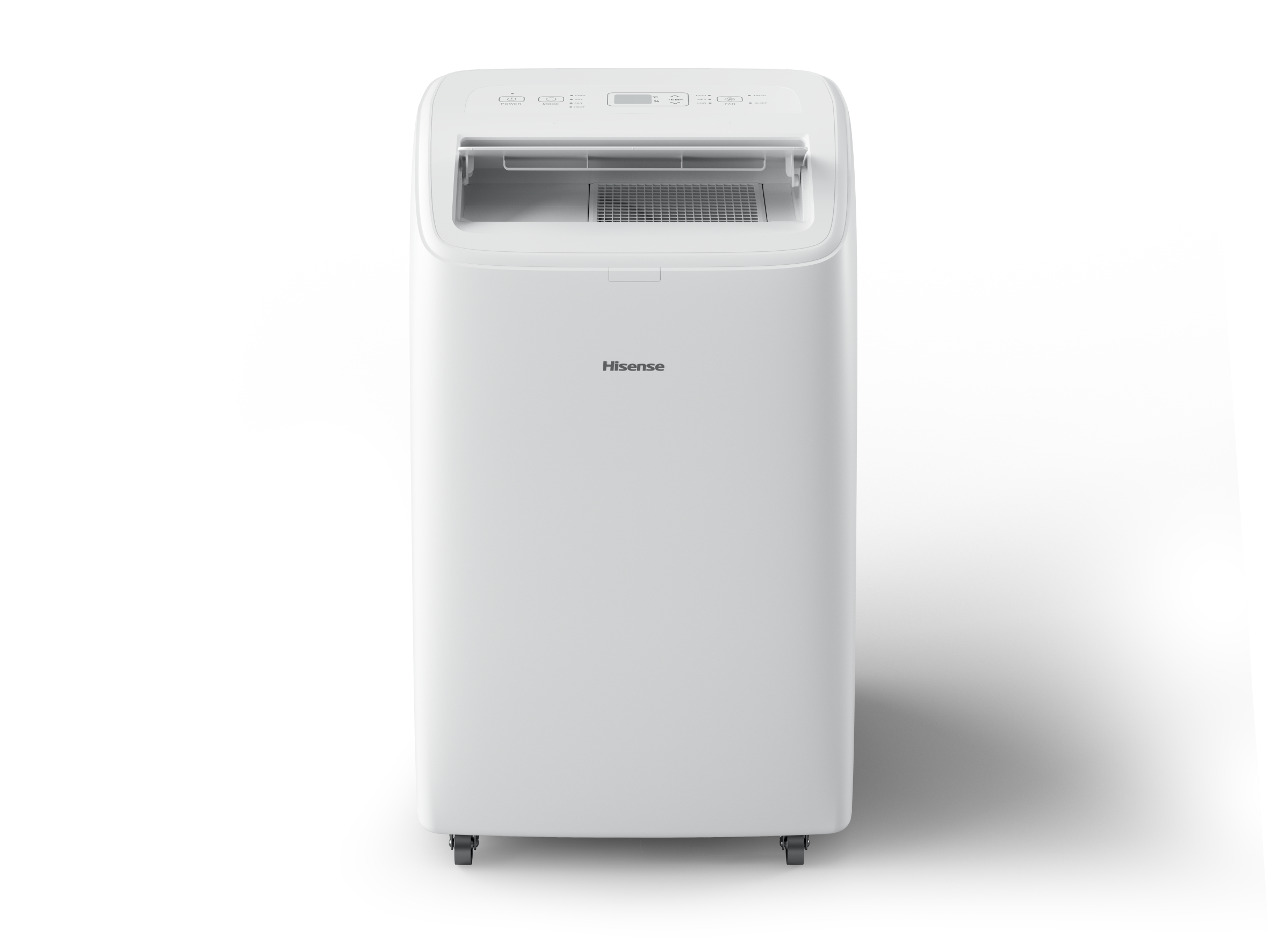 Biały przenośny klimatyzator Hisense na białym tle. Górna część jest otwarta.