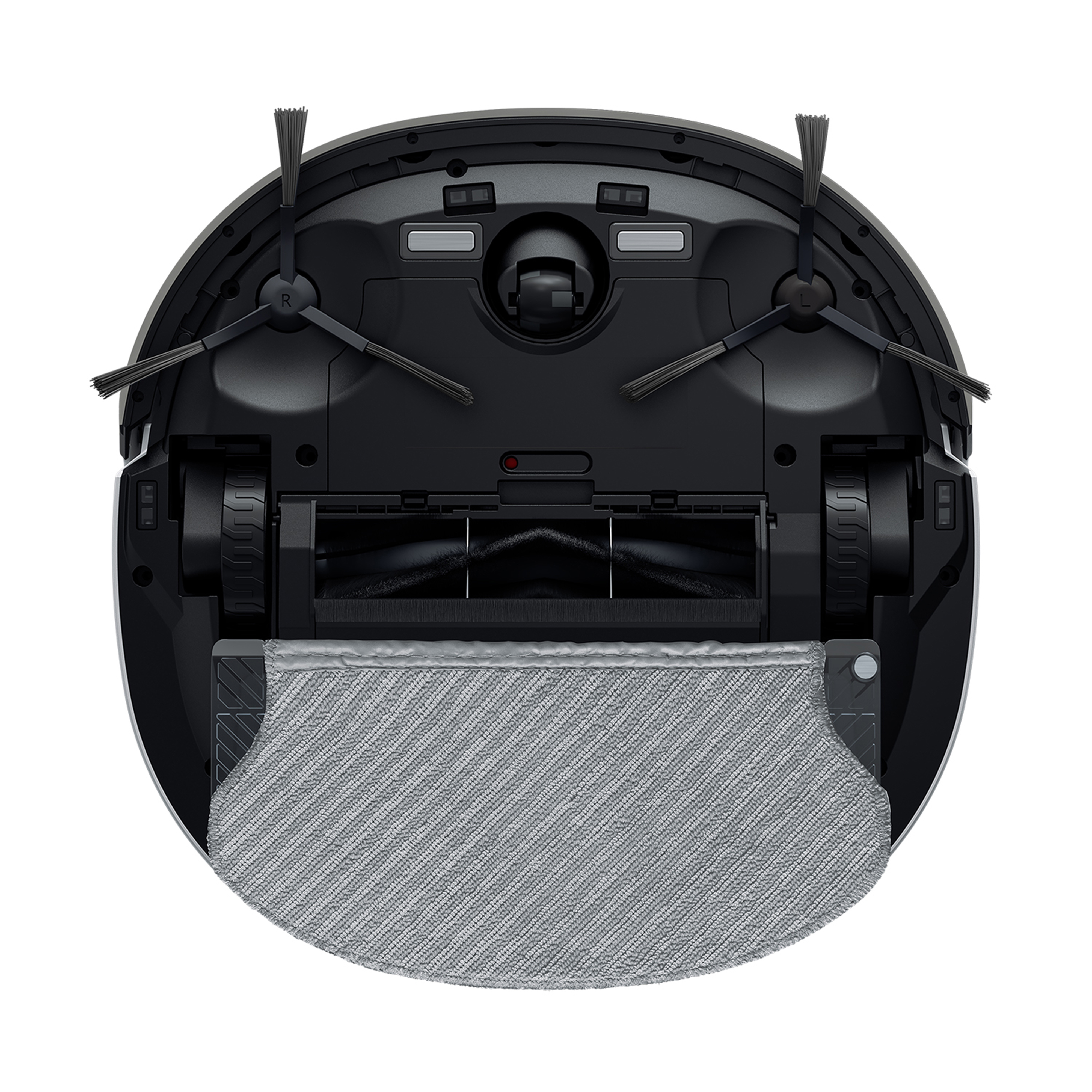 Robot odkurzający, widok od dołu, pokazujący szczotki, koła i ściereczkę.