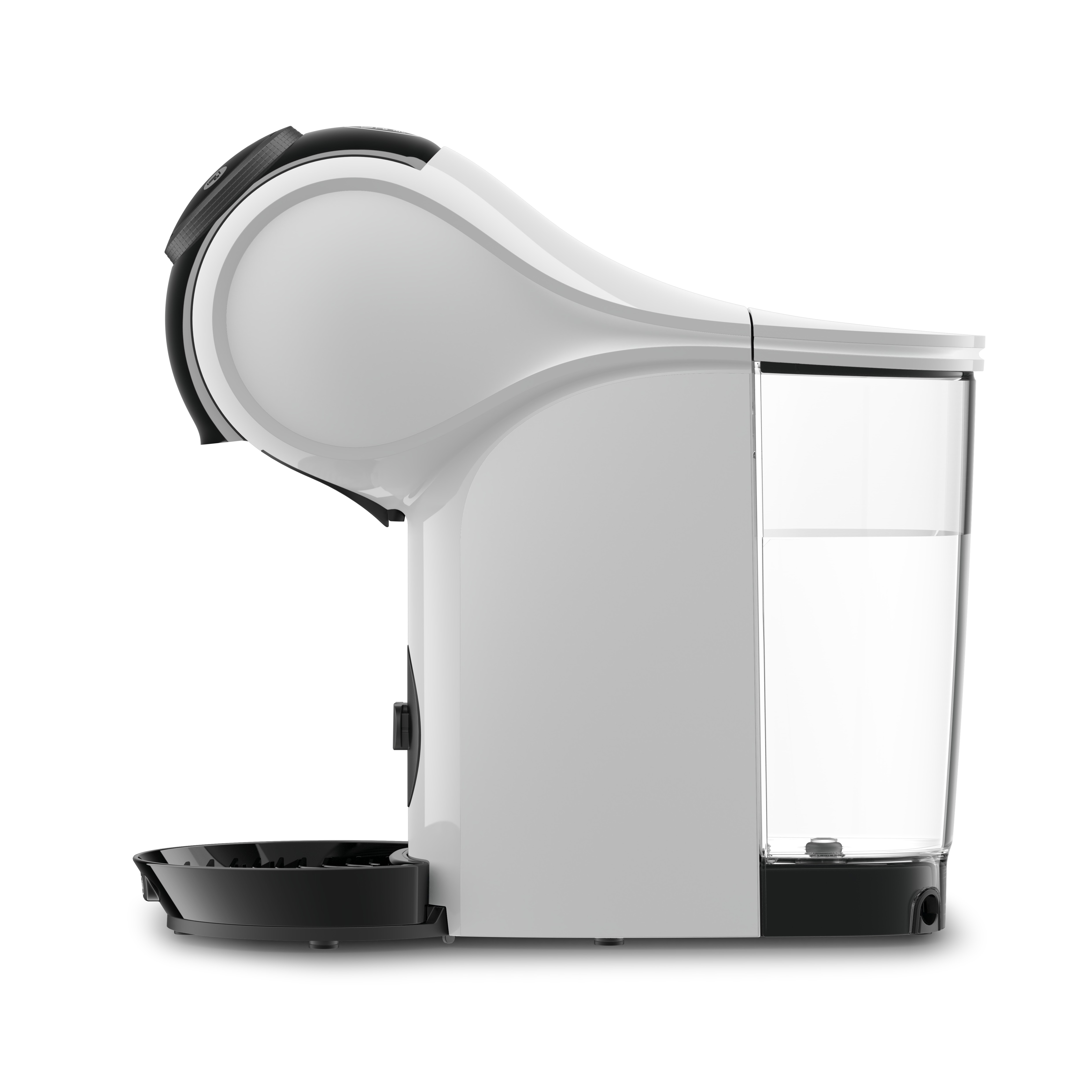 Macchina da caffè bianca e nera, vista laterale. Serbatoio dell'acqua trasparente, vassoio nero.