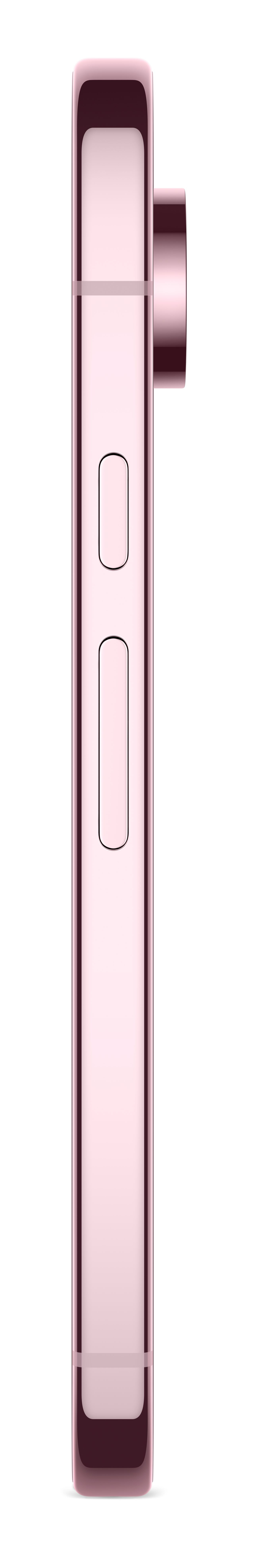 Widok z boku różowego telefonu z przyciskami po lewej stronie i wypukłością aparatu.