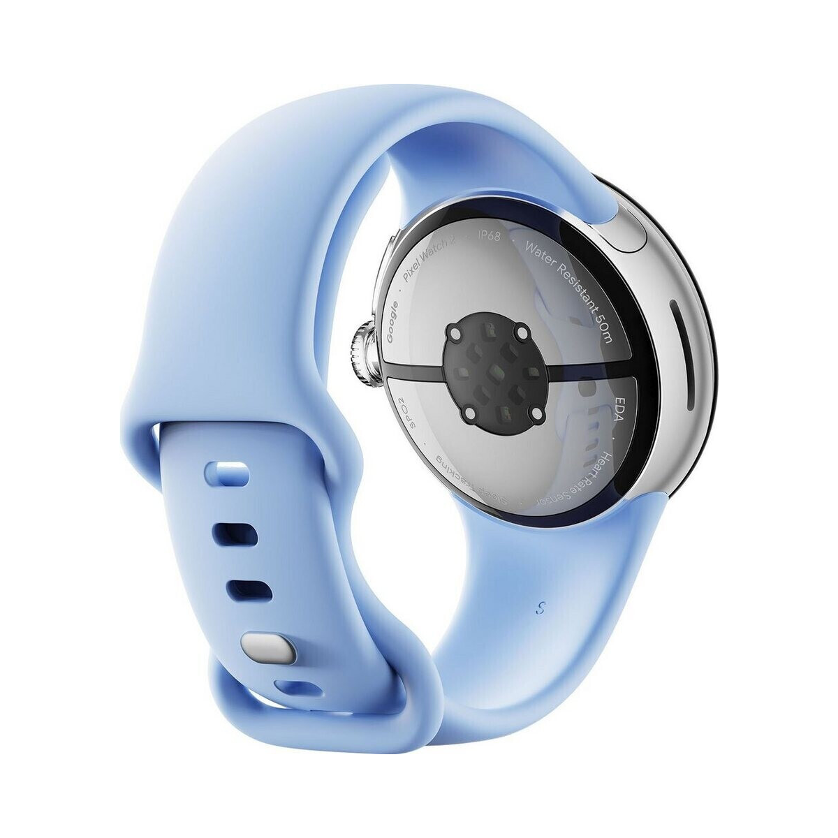 Jasnoniebieski zegarek Google Pixel Watch z niebieskim paskiem na białym tle.