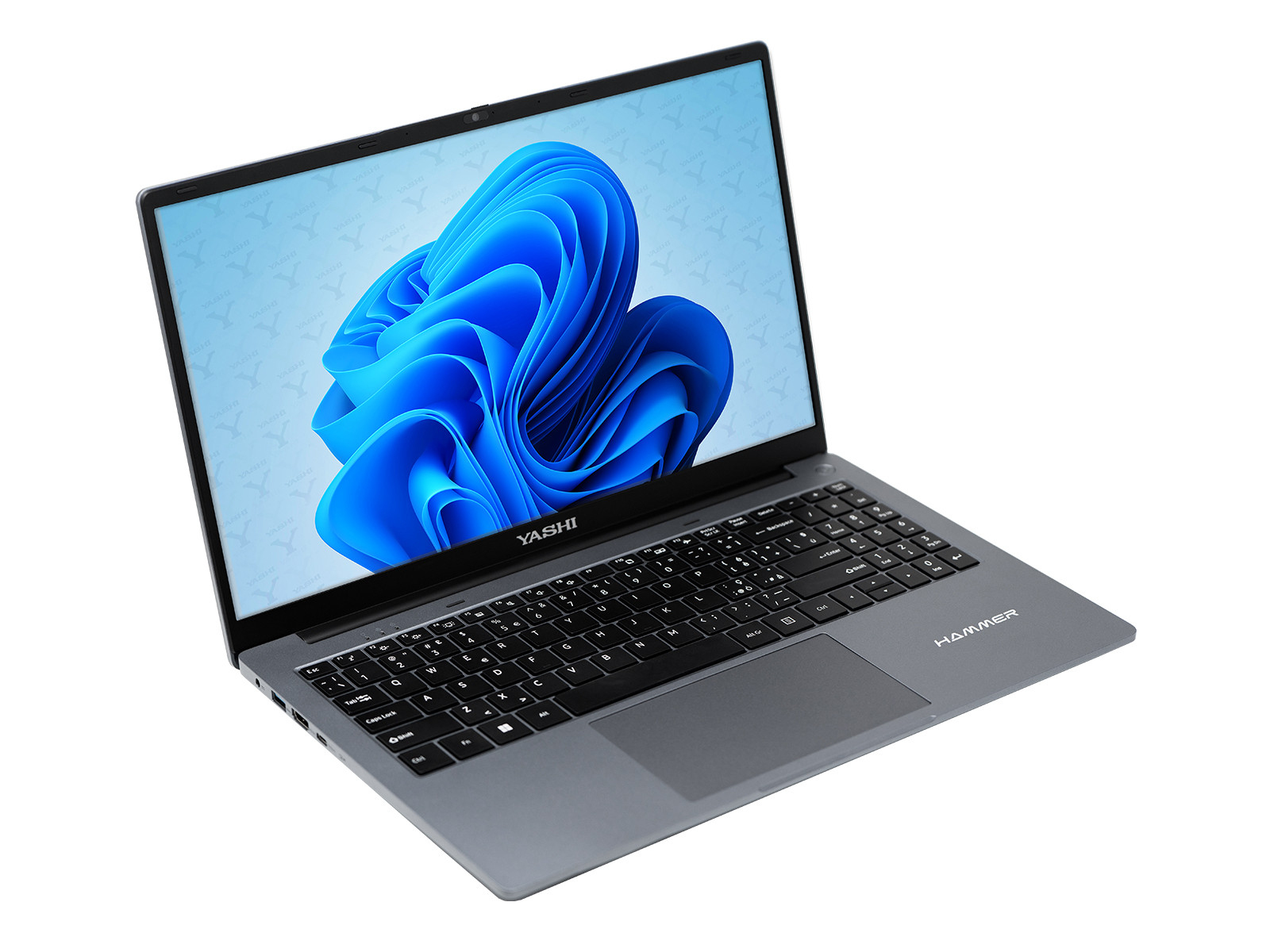 Un laptop grigio con uno sfondo di Windows è visualizzato su uno sfondo bianco.