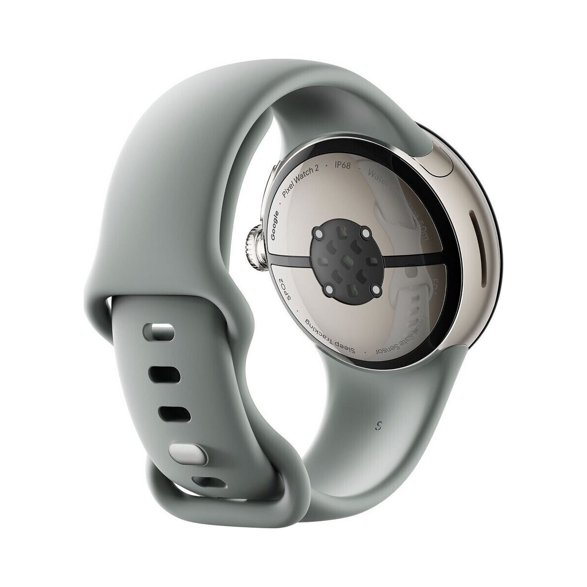 Szary smartwatch z jasnoszarym paskiem. Widok z tyłu pokazujący czujniki i tarczę zegarka.