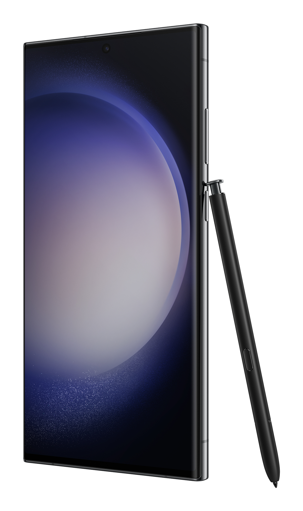 Een Samsung-telefoon met een groot scherm en een pen ernaast. De telefoon is zwart en strak.