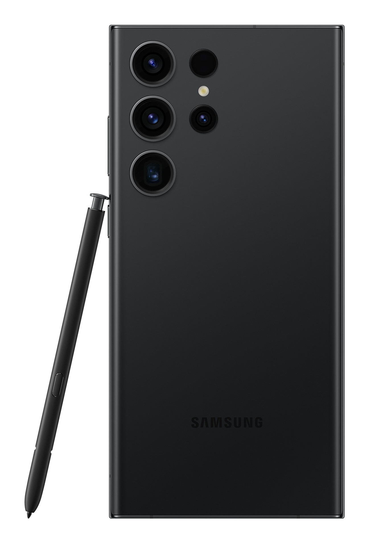Een zwarte Samsung-telefoon met een stylus. De telefoon heeft meerdere camera's.