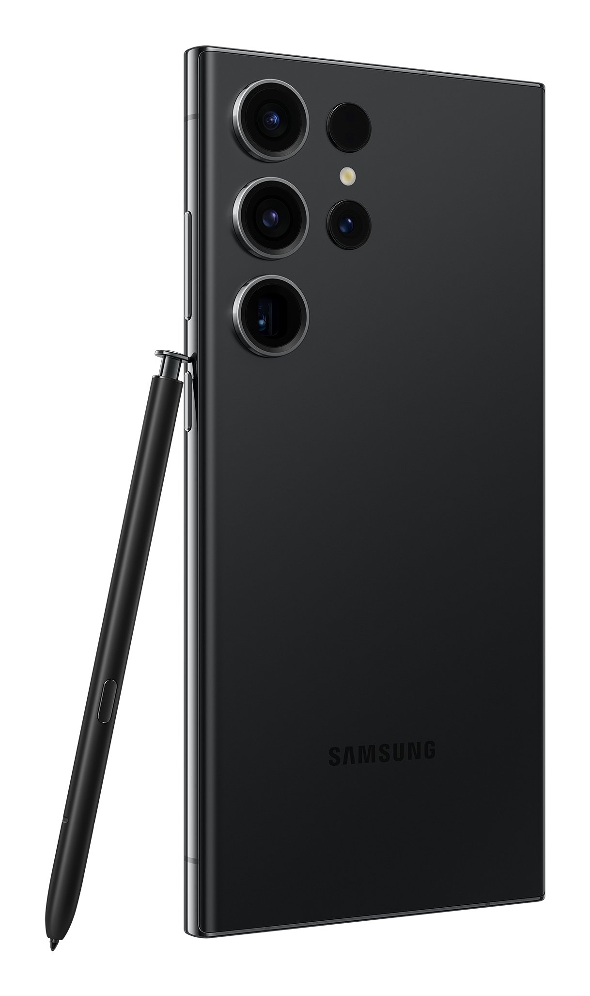 Zwarte smartphone met meerdere camera's en een stylus, Samsung-logo zichtbaar.