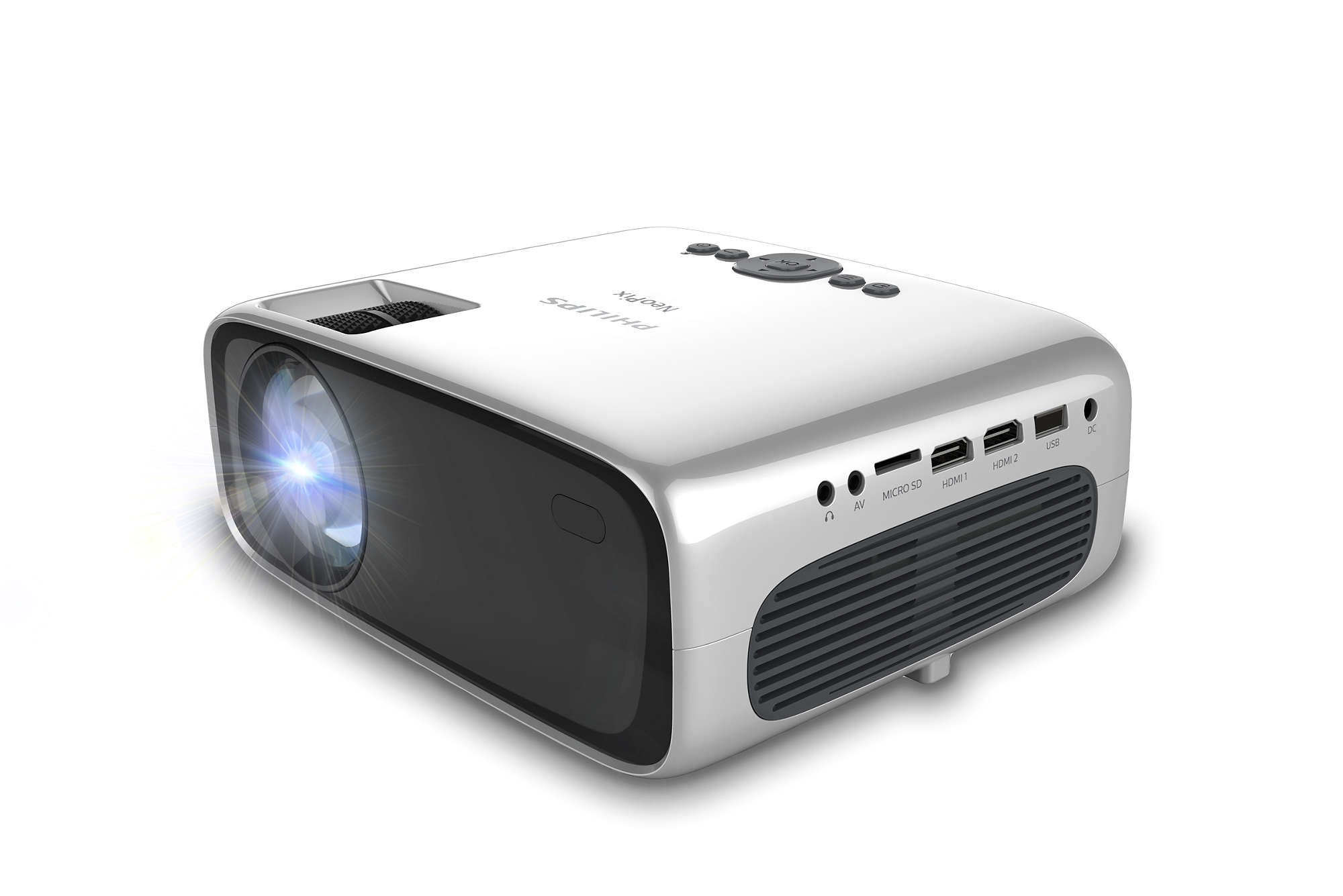Witte Philips-projector met poorten. De lens zit links. De bovenkant heeft knoppen.