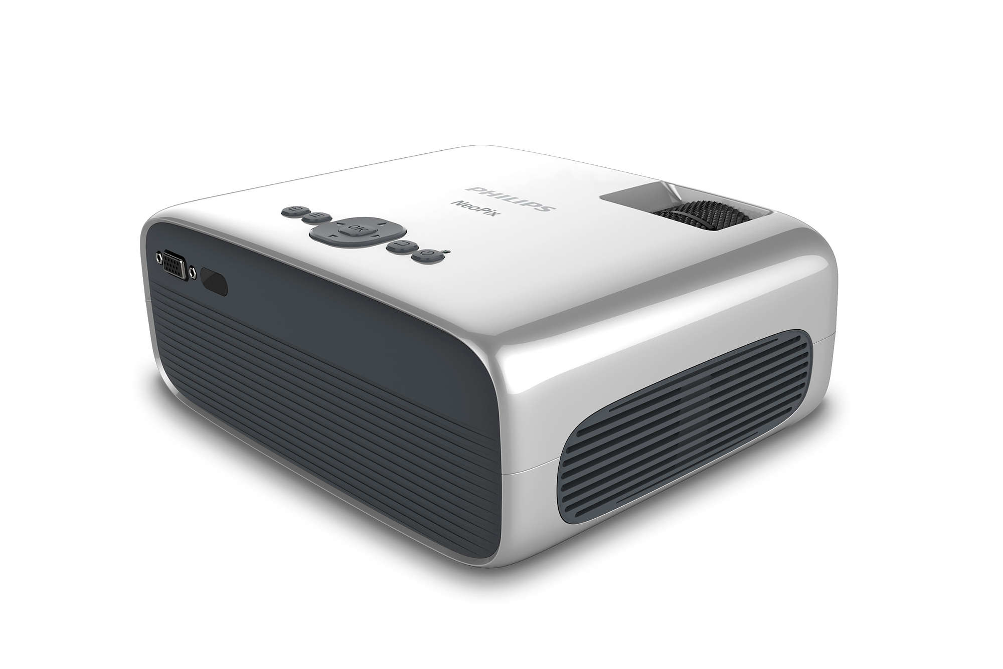 Witte Philips projector. Het heeft knoppen en een lens. Het staat op een wit oppervlak.