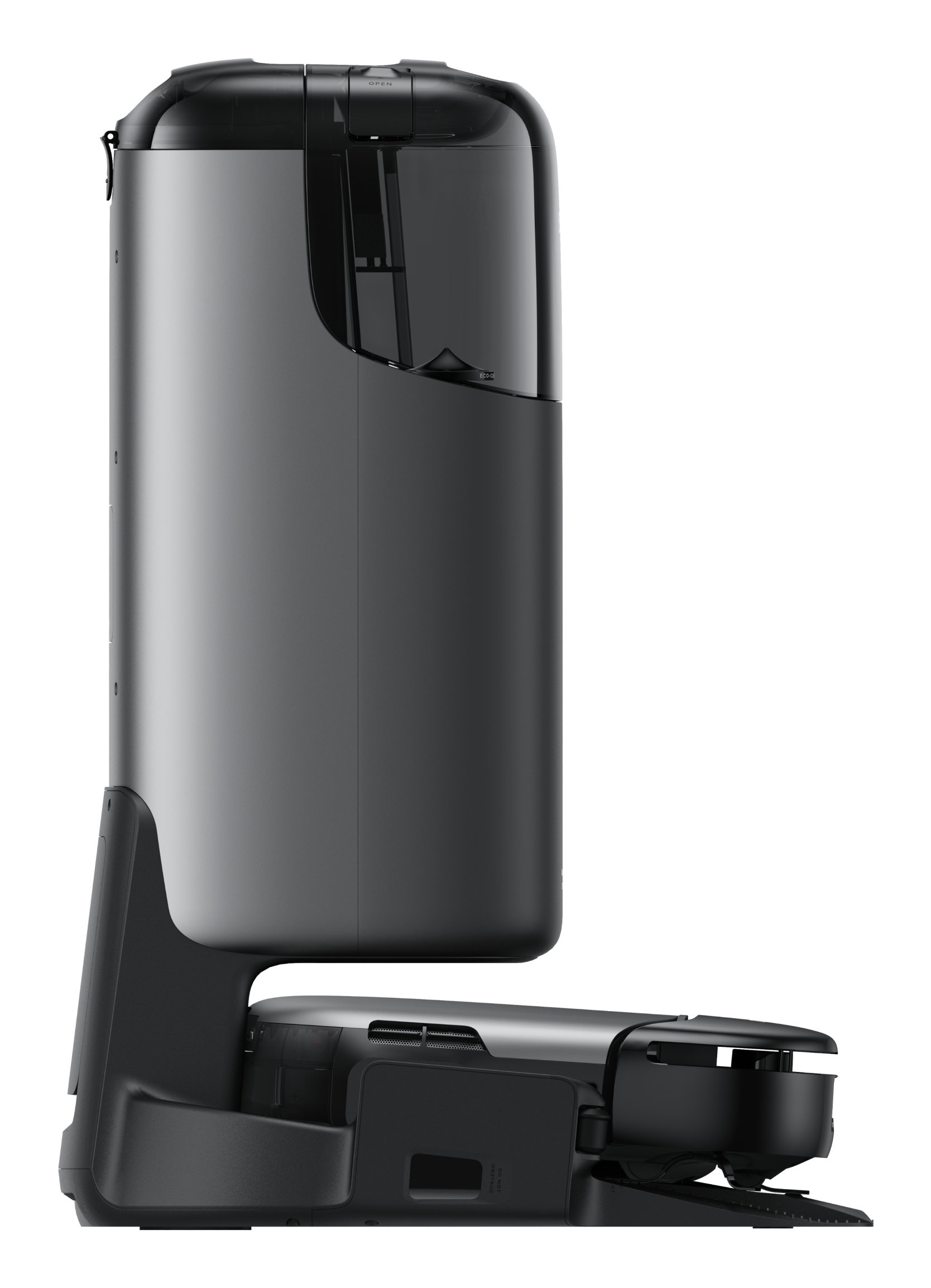 Czarny i szary odkurzacz automatyczny. Ma cylindryczny korpus i podstawę.