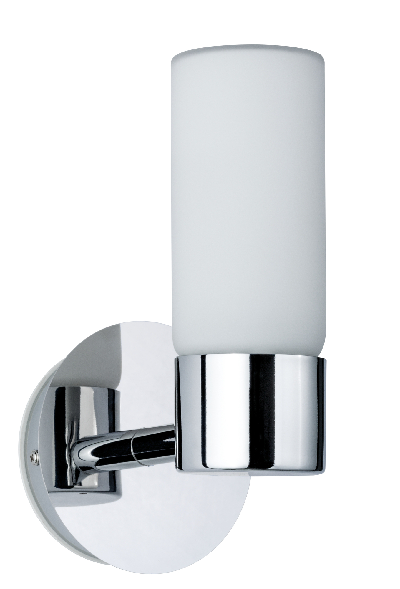 Applique murale moderne en chrome avec abat-jour cylindrique en verre dépoli.