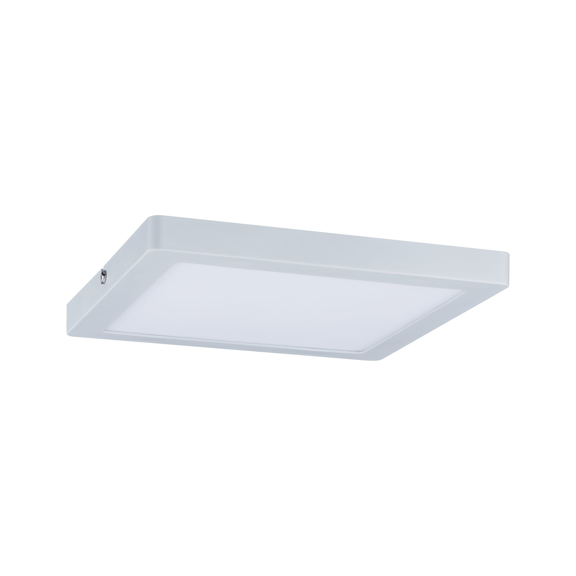 Una lampada a pannello LED quadrata. La luce è bianca e ha una cornice bianca. Sfondo bianco.
