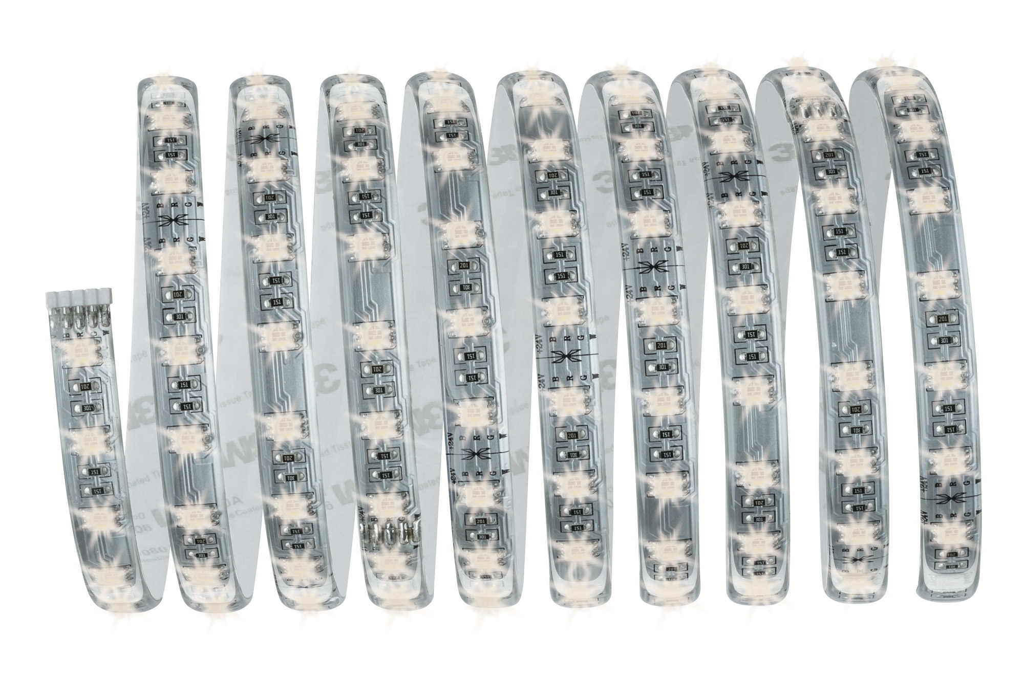 Aufgerollte LED-Lichtstreifen. Die Streifen haben mehrere Lichter und befinden sich auf einer transparenten, flexiblen Trägerfolie.