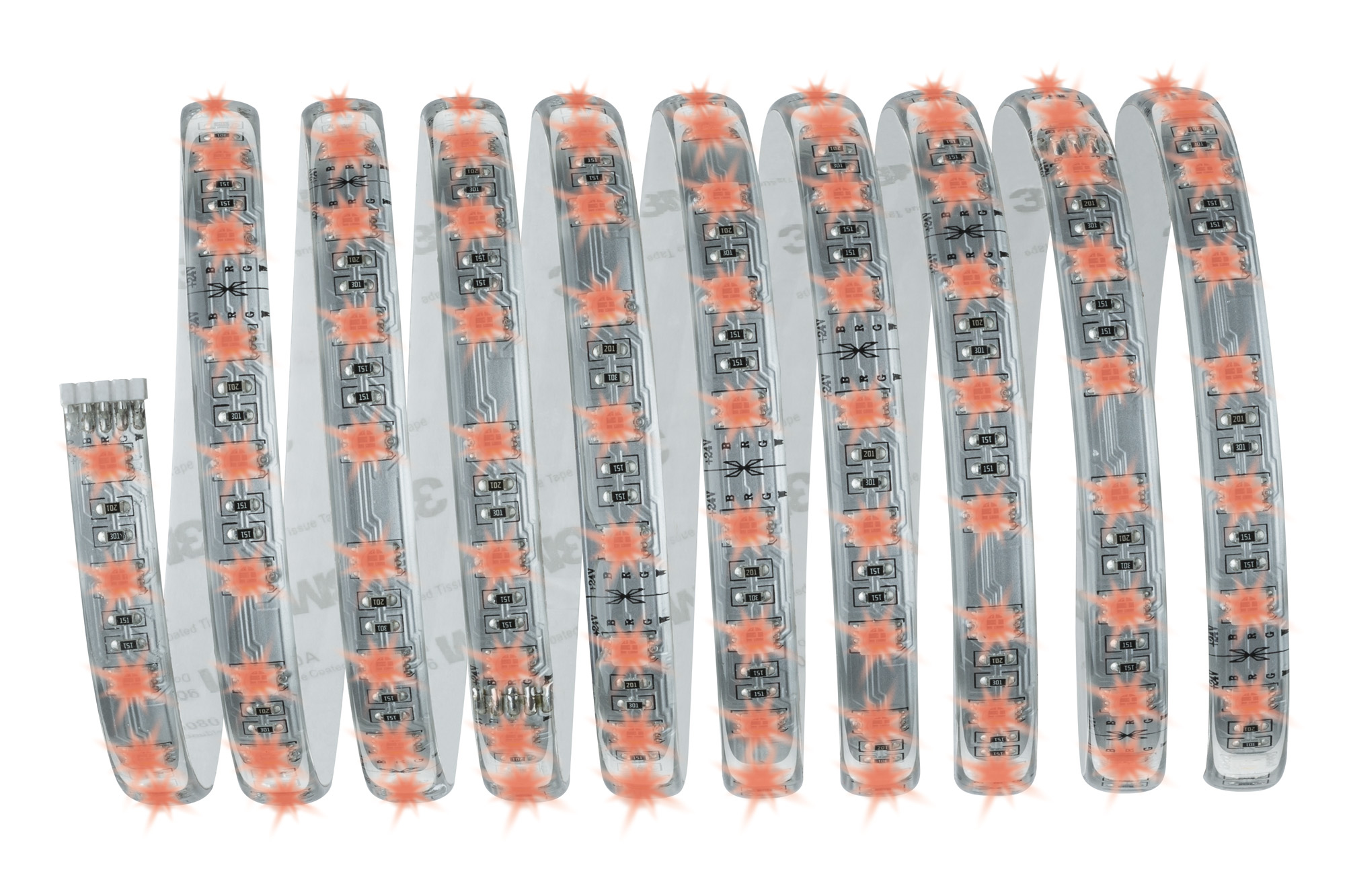 Aufgerollter LED-Streifen mit leuchtenden Lichtern. Transparent mit orangefarbenem Licht, weißer Hintergrund.