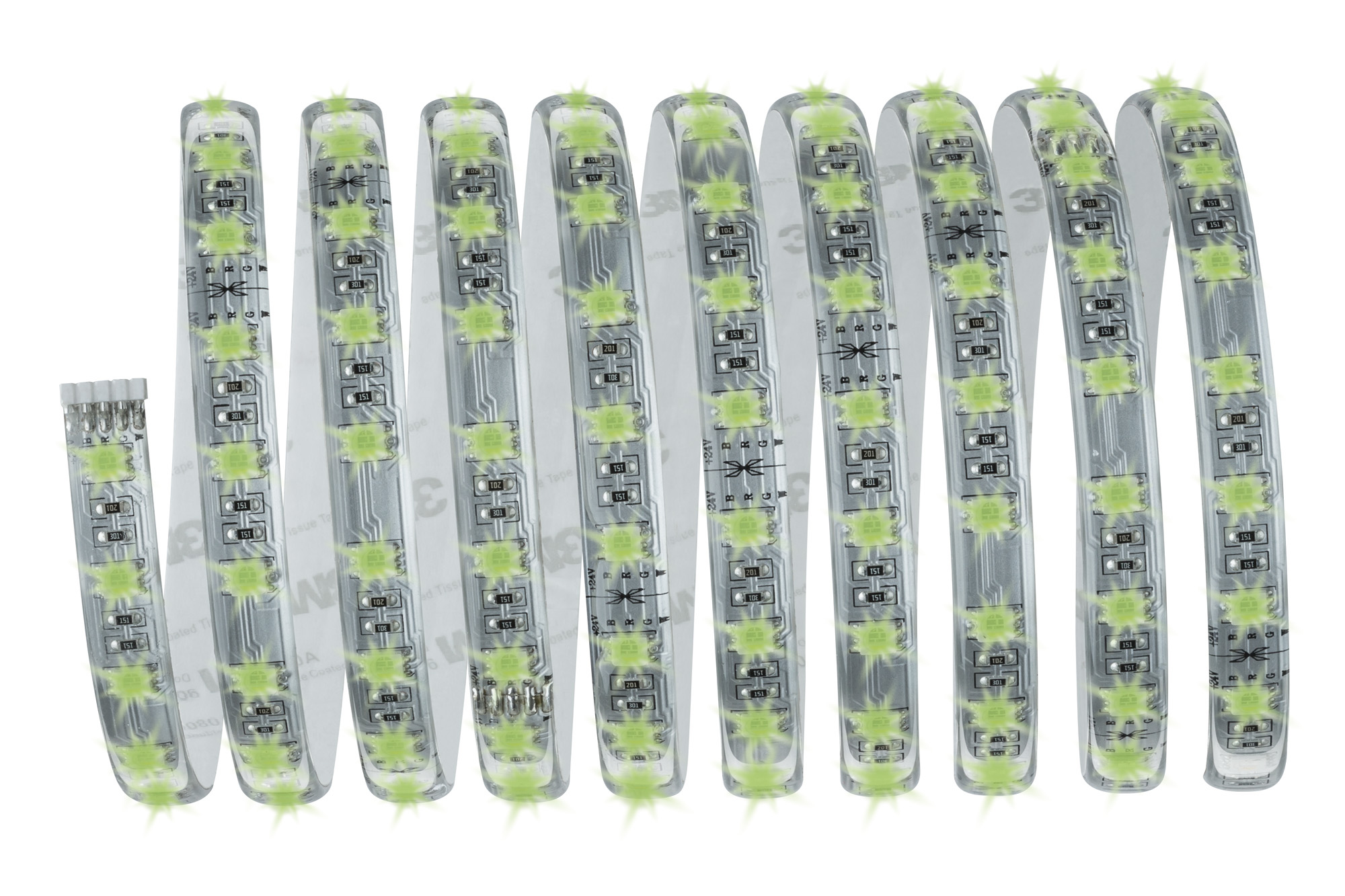LED-Lichtband mit grünen Lichtern, gebogen und isoliert auf Weiß.