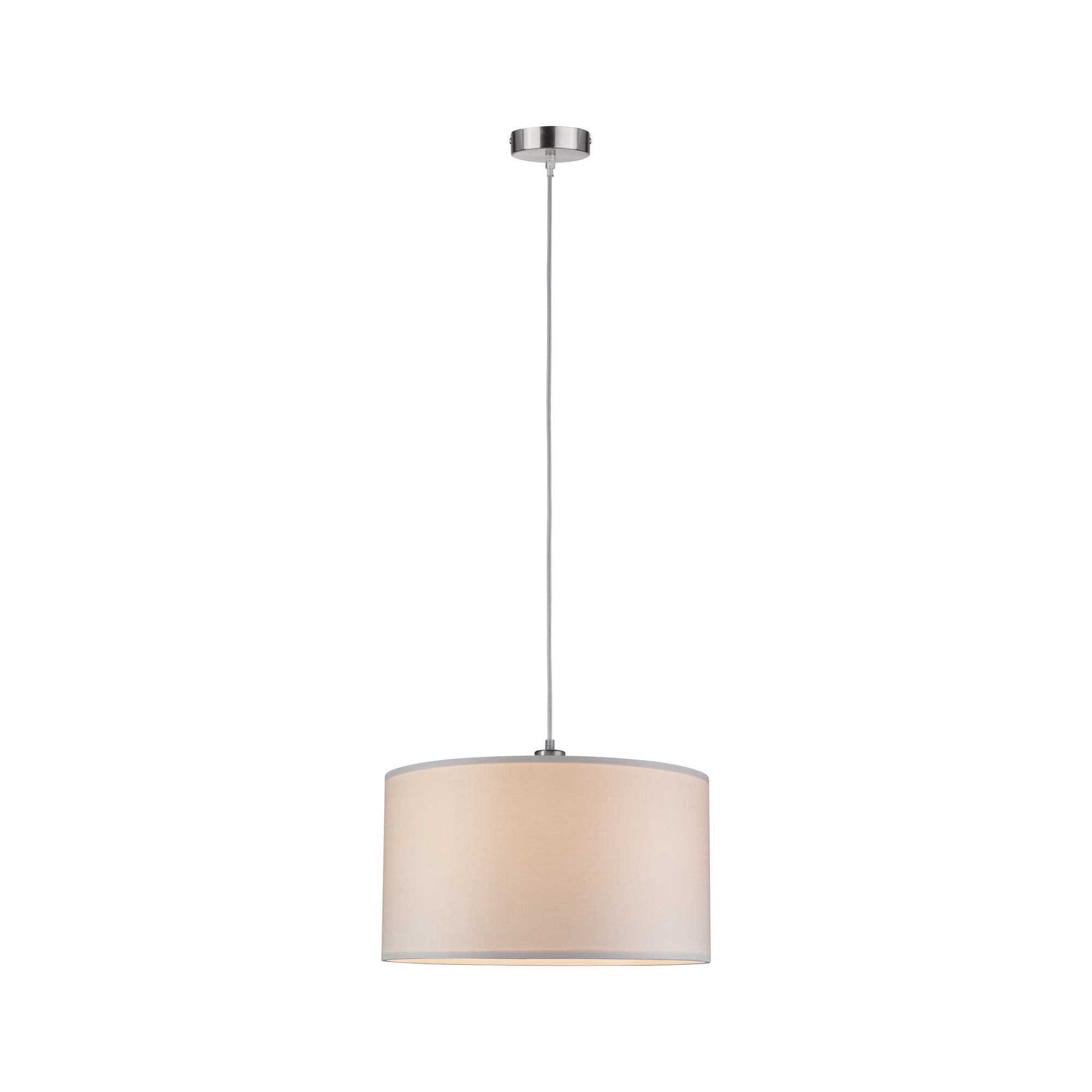 Nowoczesna lampa wisząca z cylindrycznym, beżowym kloszem zwisającym z sufitu.