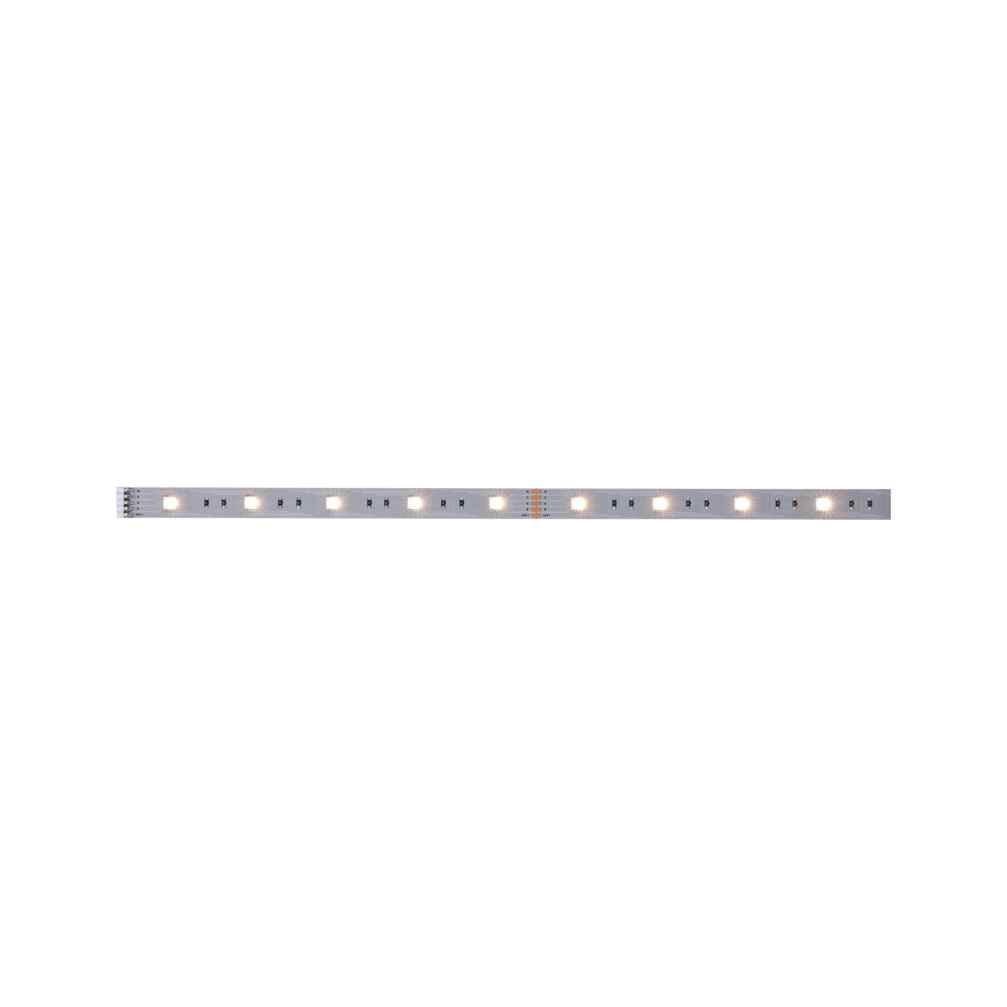 Ein langer, gerader LED-Lichtstreifen auf weißem Hintergrund. Es hat viele kleine Lichter darauf.