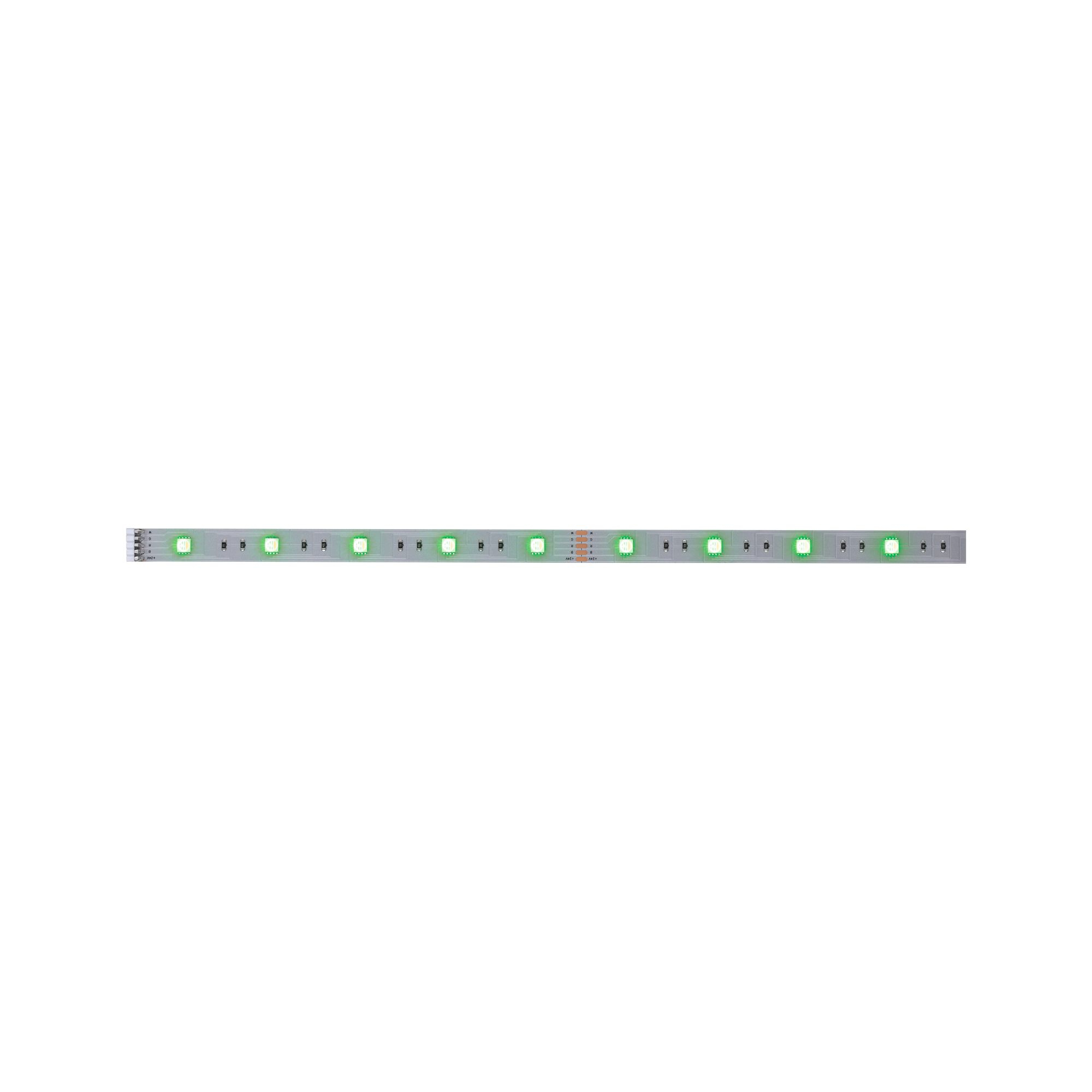 Ein Streifen von LEDs mit grünen Lichtern auf weißem Hintergrund.