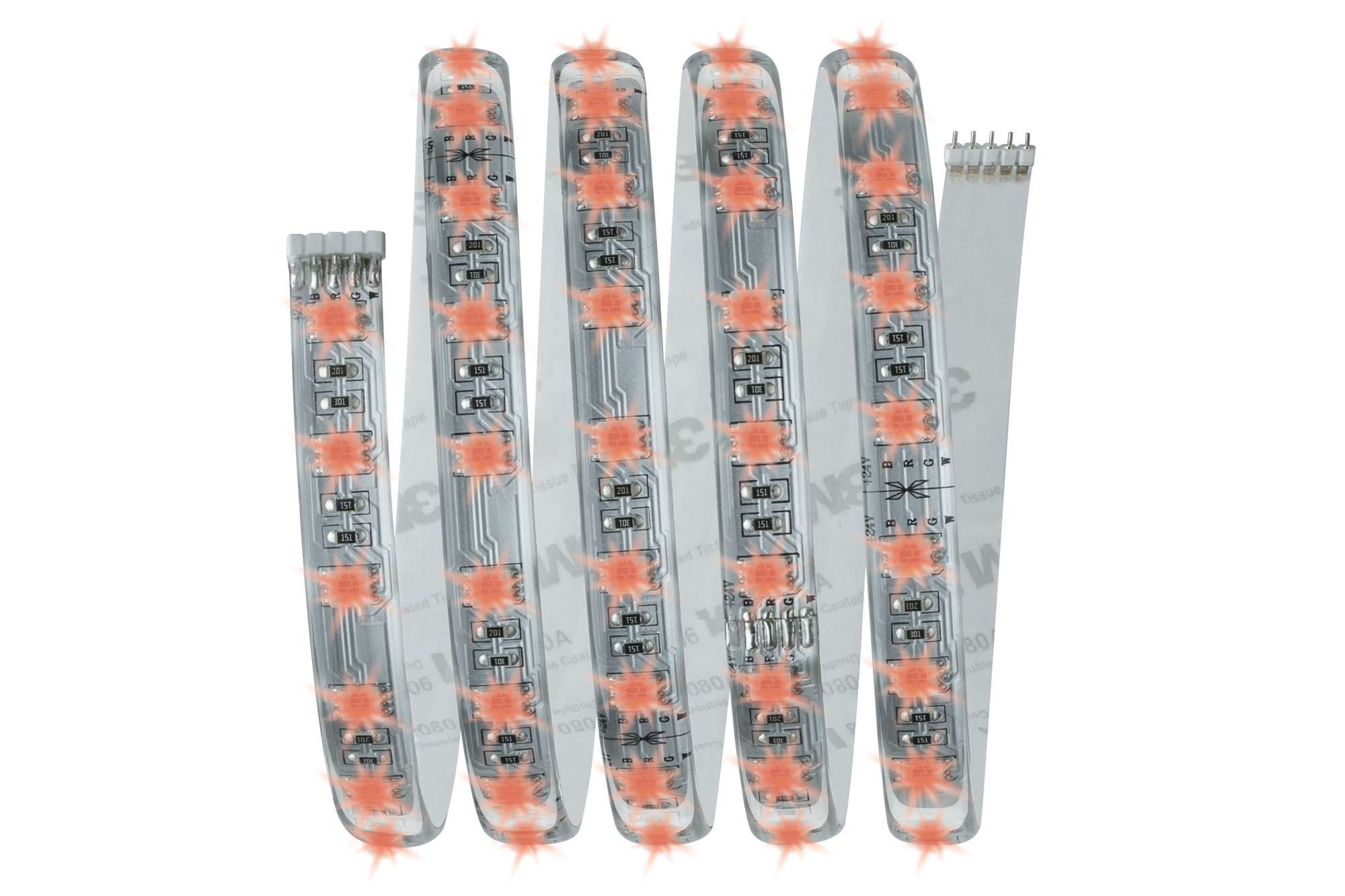 Flexibler LED-Lichtstreifen. Er ist klar mit orangefarbenen Lichtern und elektrischen Kontakten. Weißer Hintergrund.