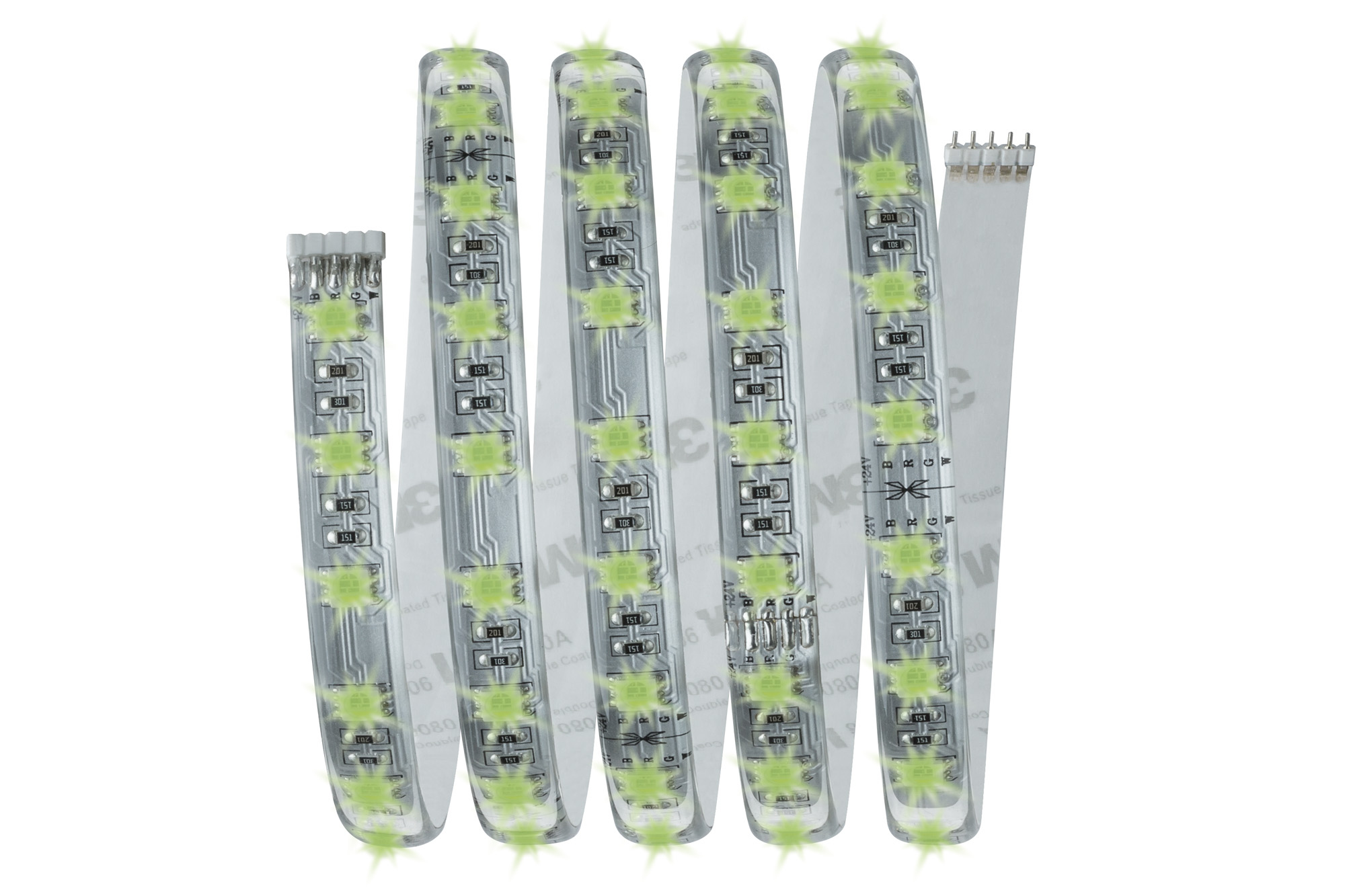 Ein flexibler LED-Lichtstreifen. Er ist silbern mit grünen LEDs und einer selbstklebenden Rückseite, auf Weiß gerollt.